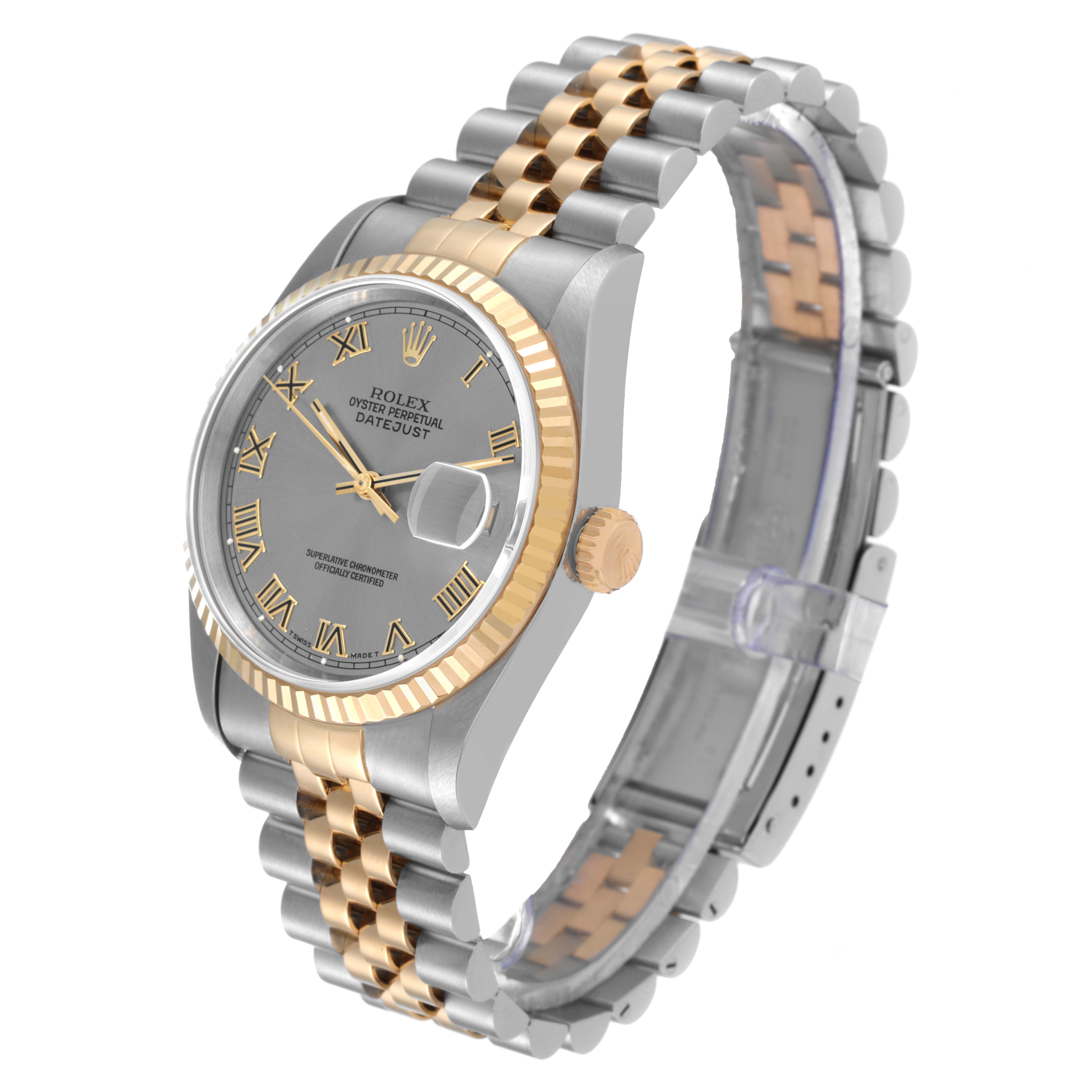 The image shows a Rolex Datejust 16233 Men's Steel and Gold (two tone) Grey Dial 16233 Men's Steel and Gold (two tone) Grey Dial watch at an angle highlighting its bracelet, bezel, crown, and face.