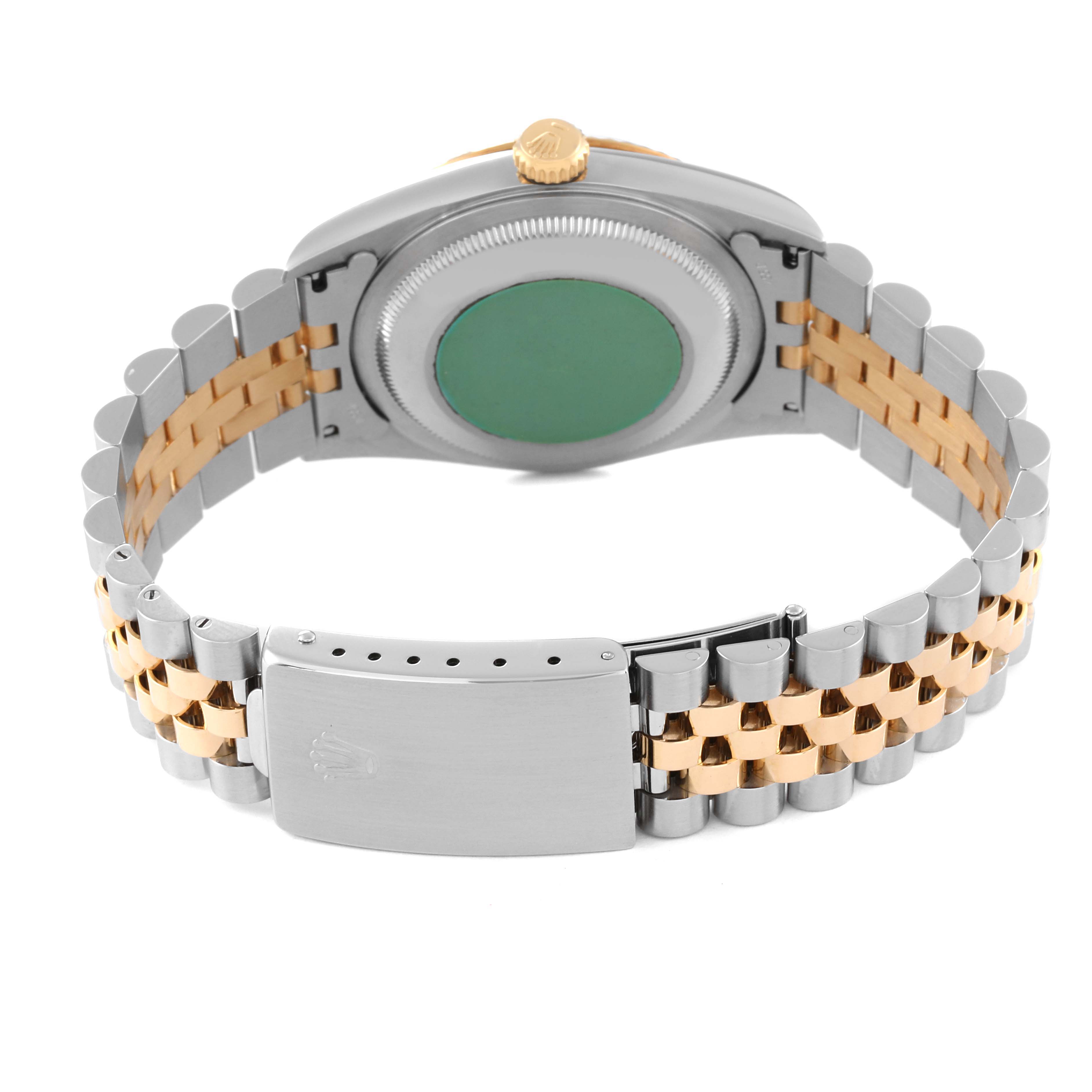 This image shows the back case and bracelet clasp of a Rolex Datejust 16233 Men's Steel and Gold (two tone) Grey Dial 16233 Men's Steel and Gold (two tone) Grey Dial watch, highlighting its two-tone metal design.