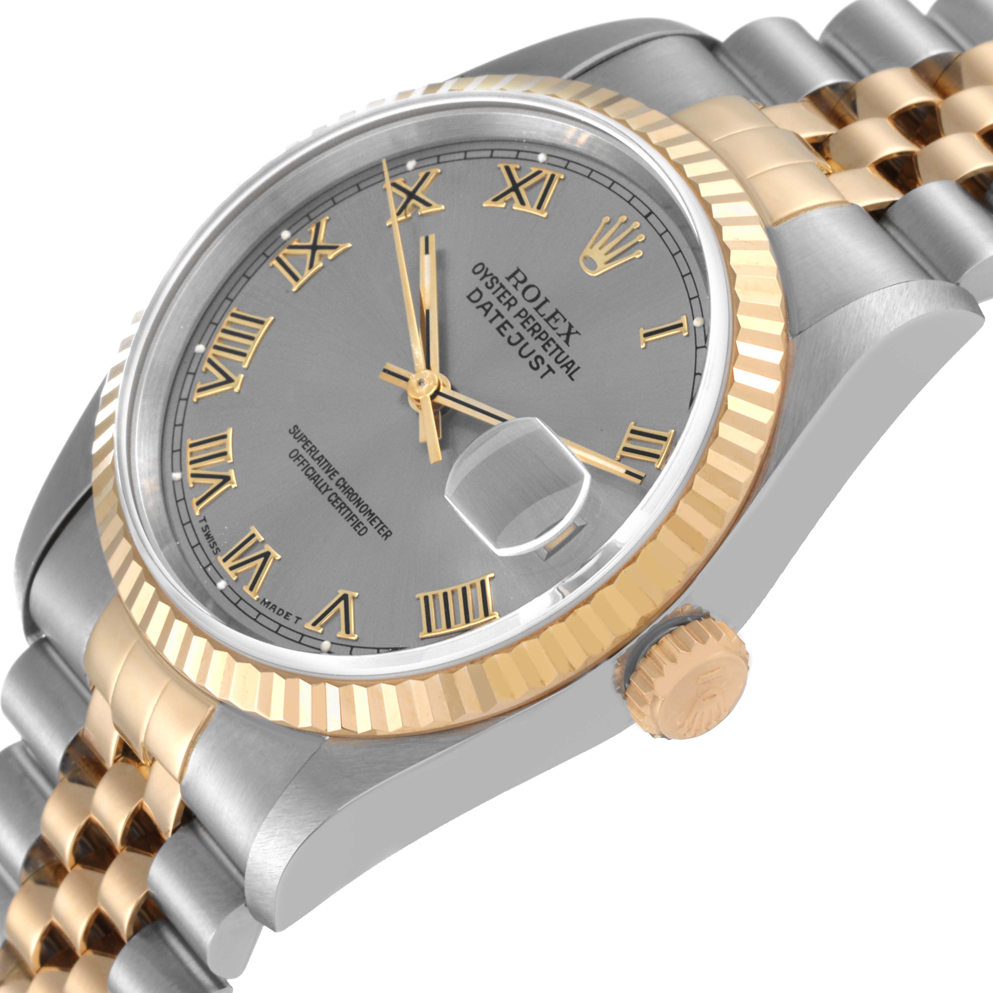 This image shows a Rolex Datejust 16233 Men's Steel and Gold (two tone) Grey Dial 16233 Men's Steel and Gold (two tone) Grey Dial watch angled slightly from above, highlighting the face, bezel, crown, and part of the bracelet.