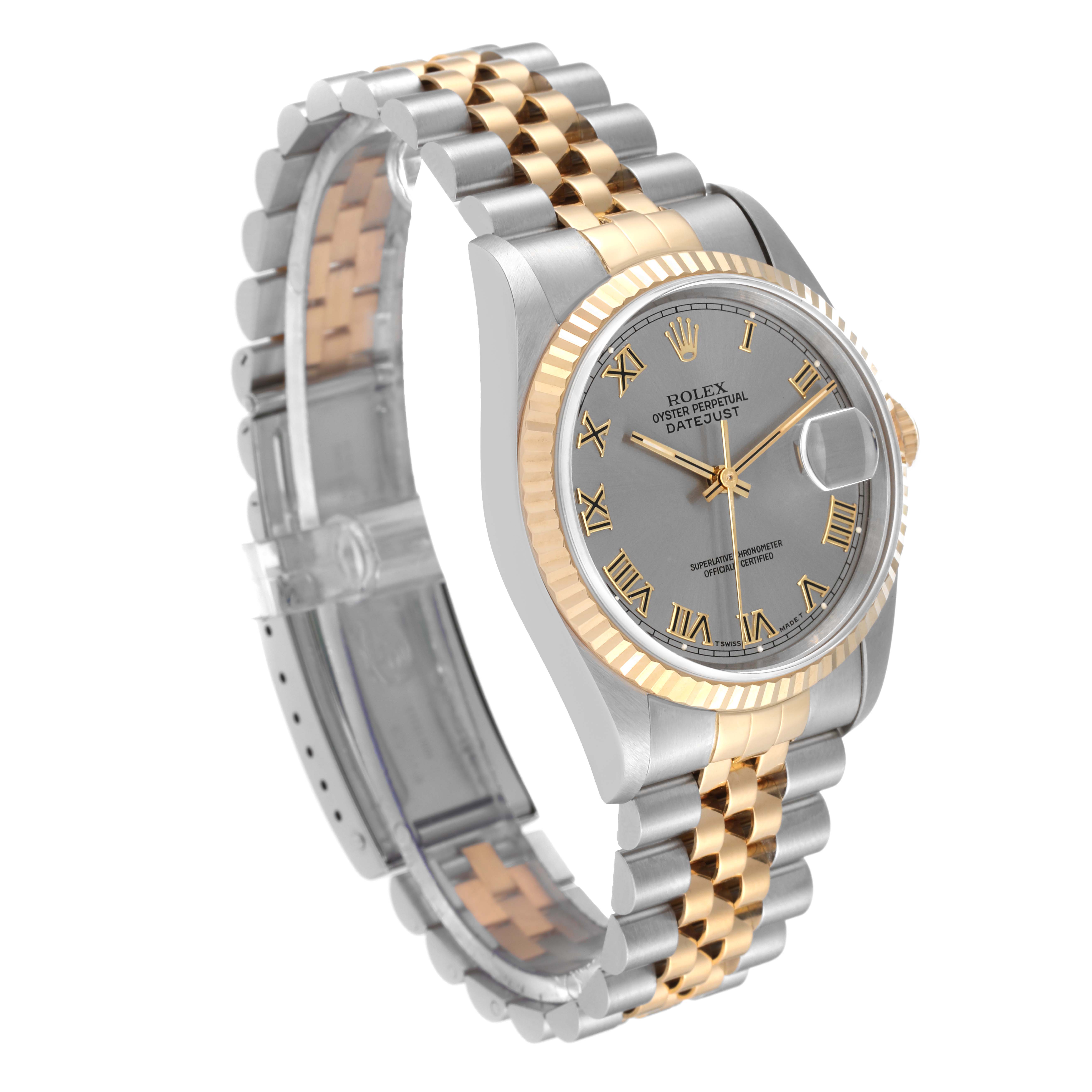The Rolex Datejust 16233 Men's Steel and Gold (two tone) Grey Dial 16233 Men's Steel and Gold (two tone) Grey Dial watch is shown at an angle, displaying its two-tone band, fluted bezel, and silver dial with Roman numerals.