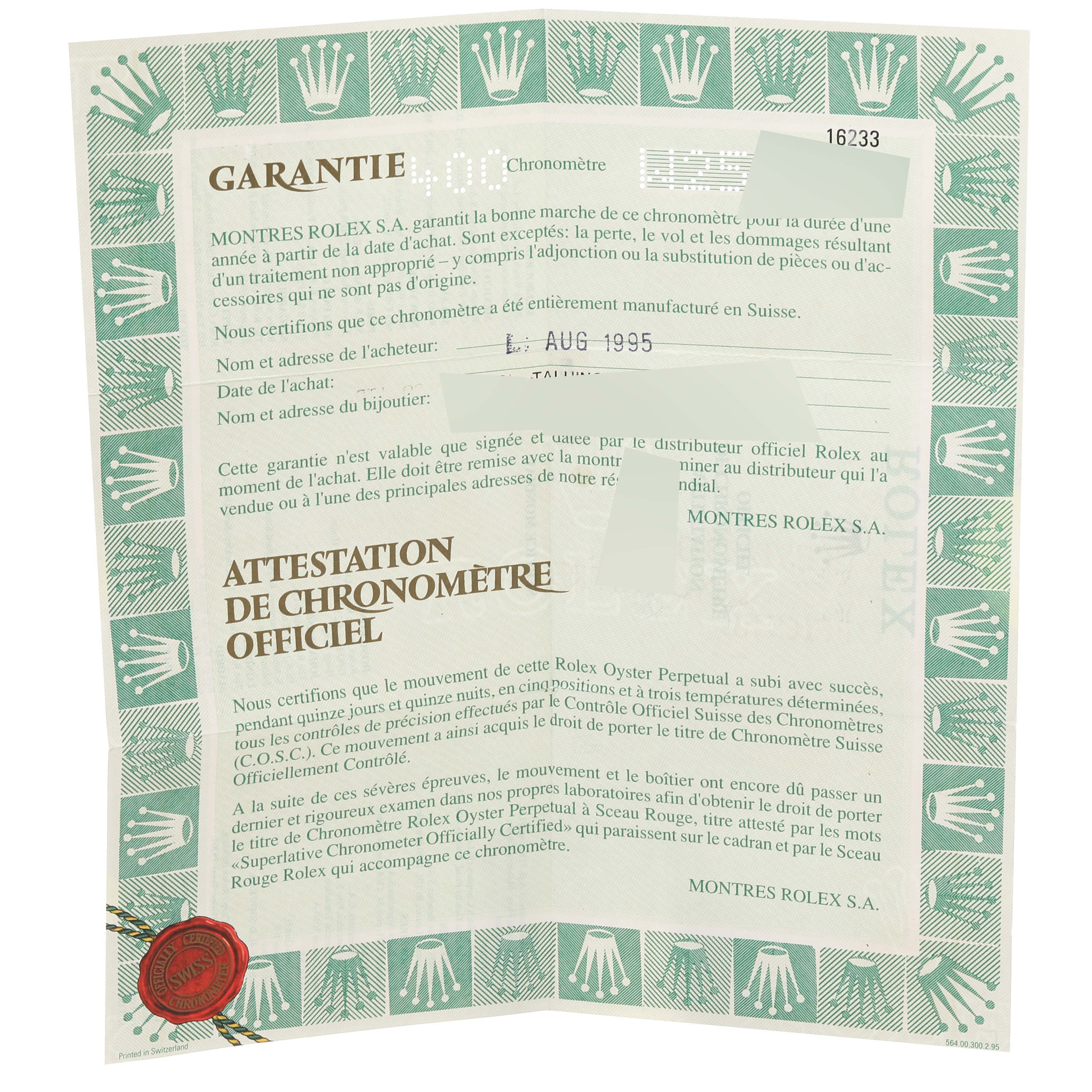 This image shows a certification and warranty document for a Rolex Datejust 16233 Men's Steel and Gold (two tone) Grey Dial 16233 Men's Steel and Gold (two tone) Grey Dial watch.