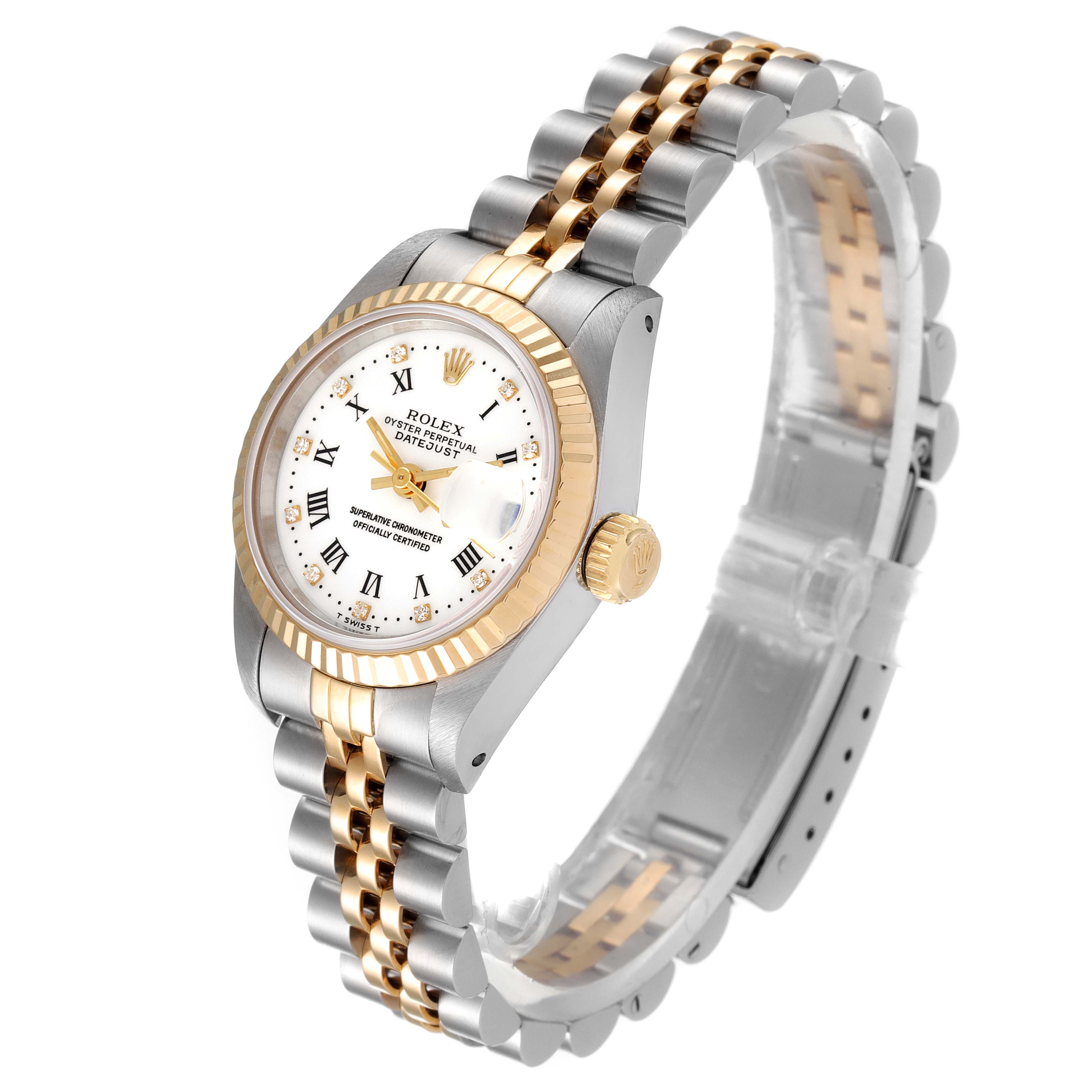 The image shows a Rolex Datejust 69173 Women's Steel and Gold (two tone) White Dial 69173 Women's Steel and Gold (two tone) White Dial watch at a three-quarter angle, highlighting its dial, bezel, crown, and two-tone bracelet.