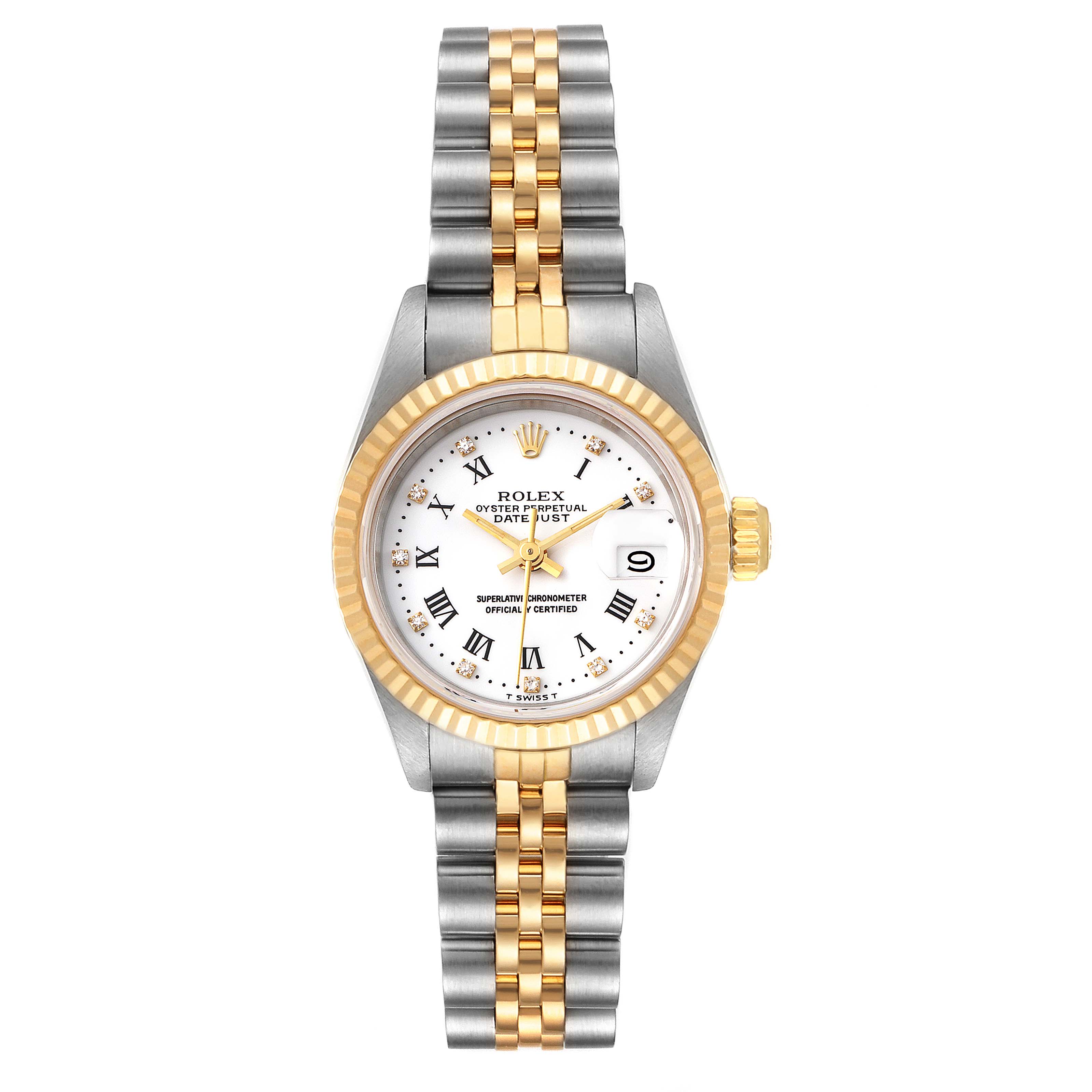 The image shows a front view of a Rolex Datejust 69173 Women's Steel and Gold (two tone) White Dial 69173 Women's Steel and Gold (two tone) White Dial watch, displaying its face, bezel, crown, and two-tone bracelet.