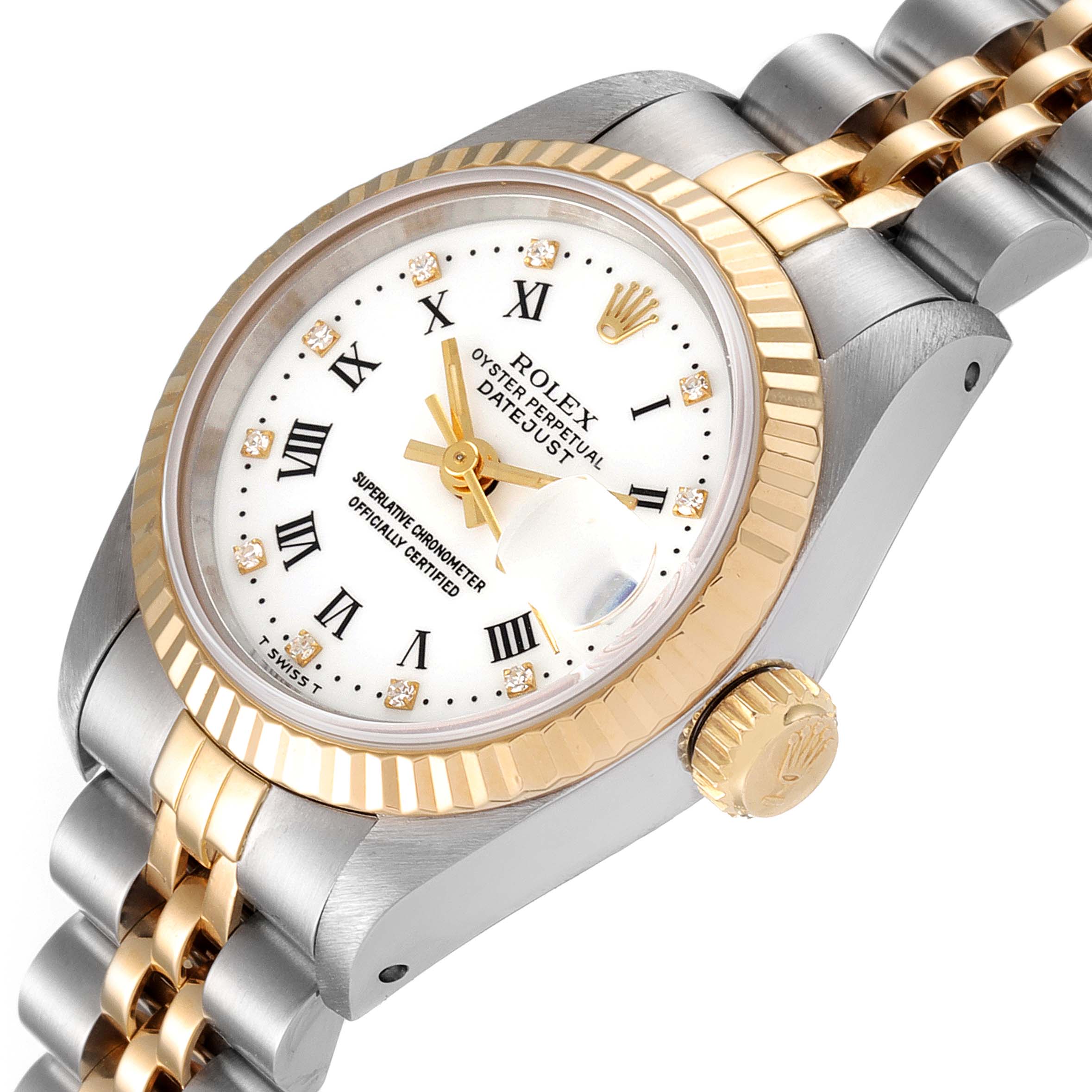 The image shows a close-up angle of the Rolex Datejust 69173 Women's Steel and Gold (two tone) White Dial 69173 Women's Steel and Gold (two tone) White Dial watch, highlighting the dial, bezel, crown, and part of the bracelet.