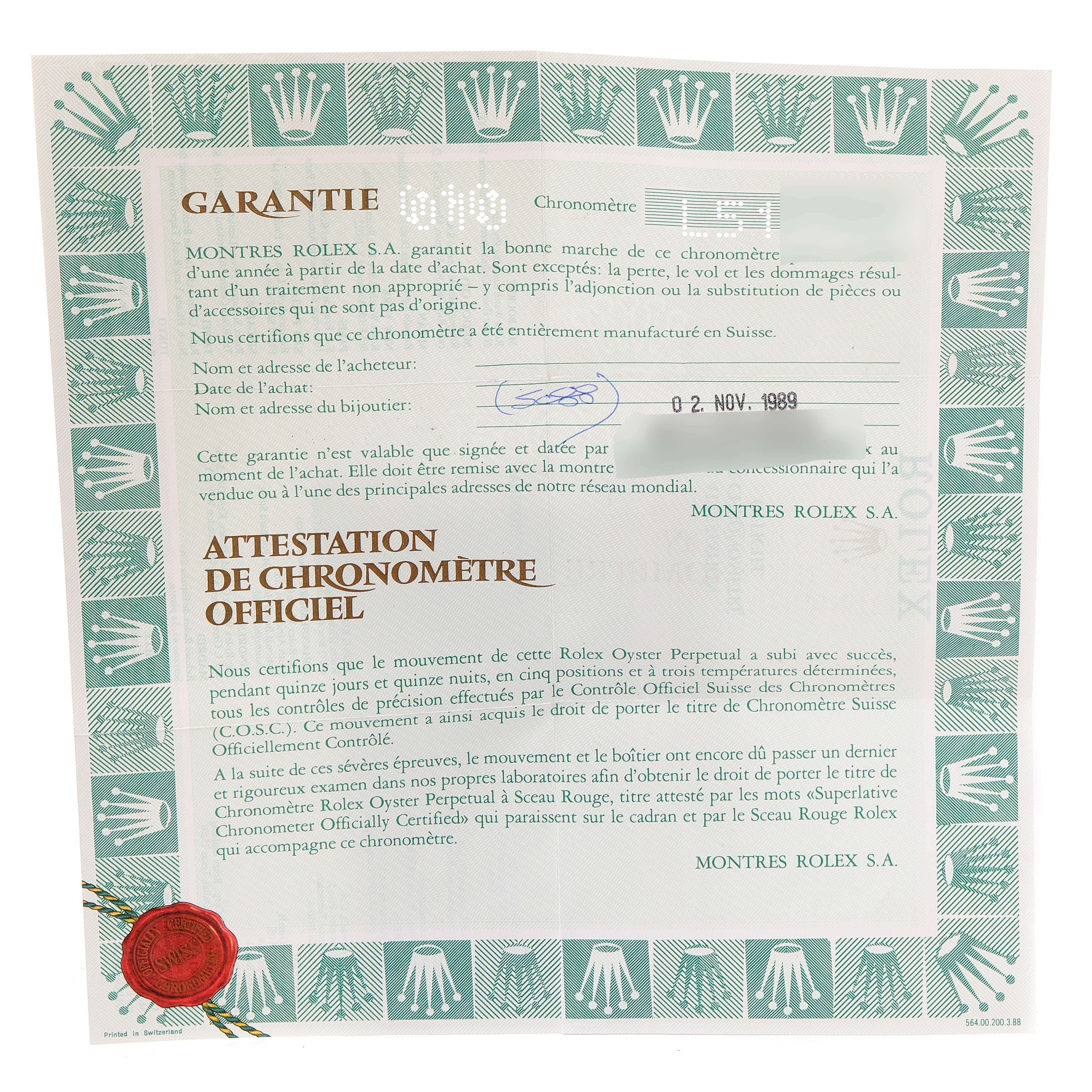 The image shows a warranty certificate for the Rolex Datejust 69173 Women's Steel and Gold (two tone) White Dial 69173 Women's Steel and Gold (two tone) White Dial model, dated November 2, 1989.