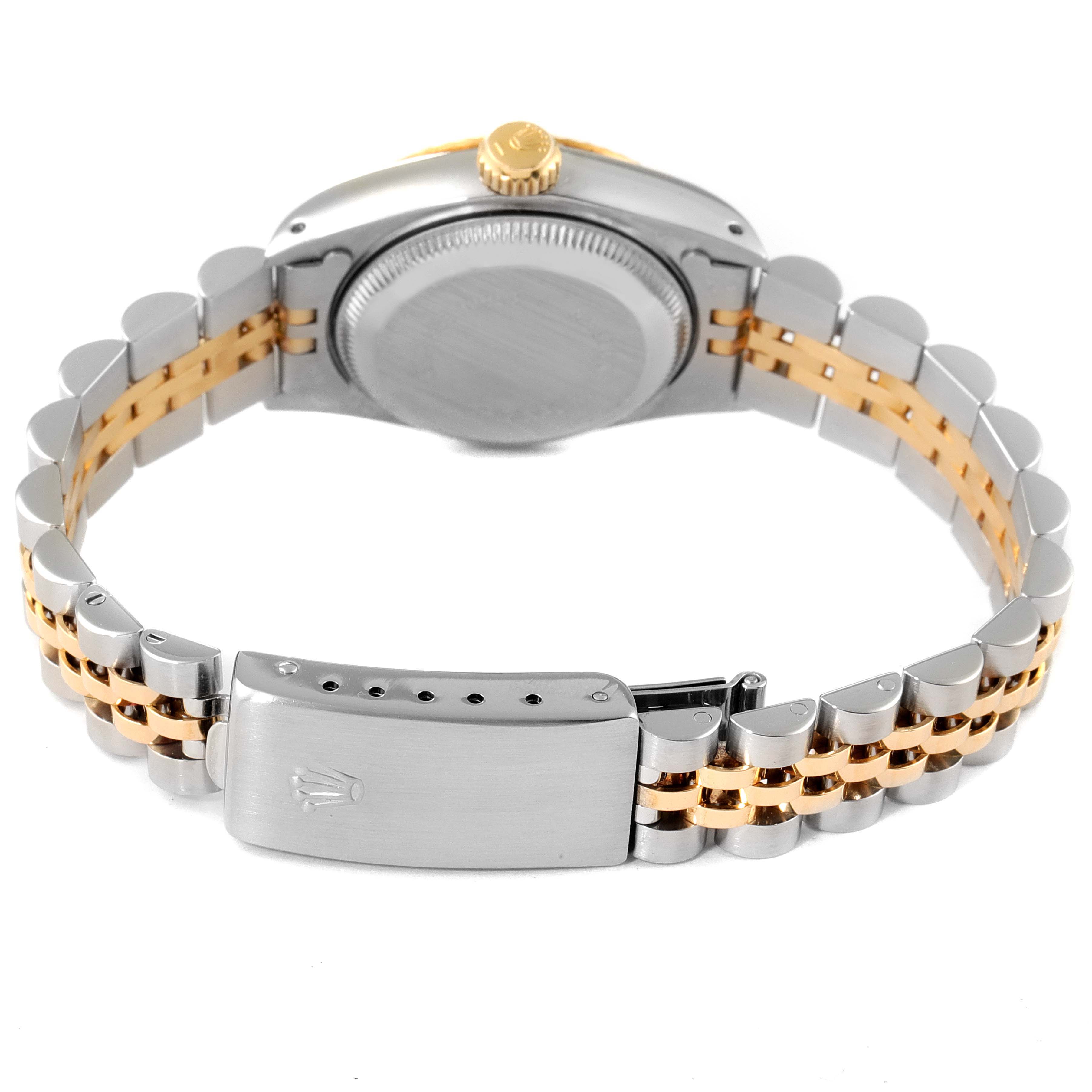 This image shows the back view of a Rolex Datejust 69173 Women's Steel and Gold (two tone) White Dial 69173 Women's Steel and Gold (two tone) White Dial watch, highlighting the case, crown, and clasp of the two-tone bracelet.