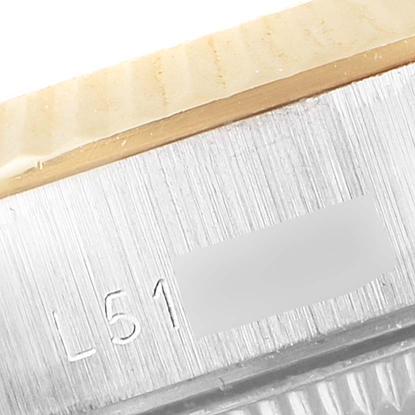 The image shows a close-up view of the case and bezel of a Rolex Datejust 69173 Women's Steel and Gold (two tone) White Dial 69173 Women's Steel and Gold (two tone) White Dial watch.