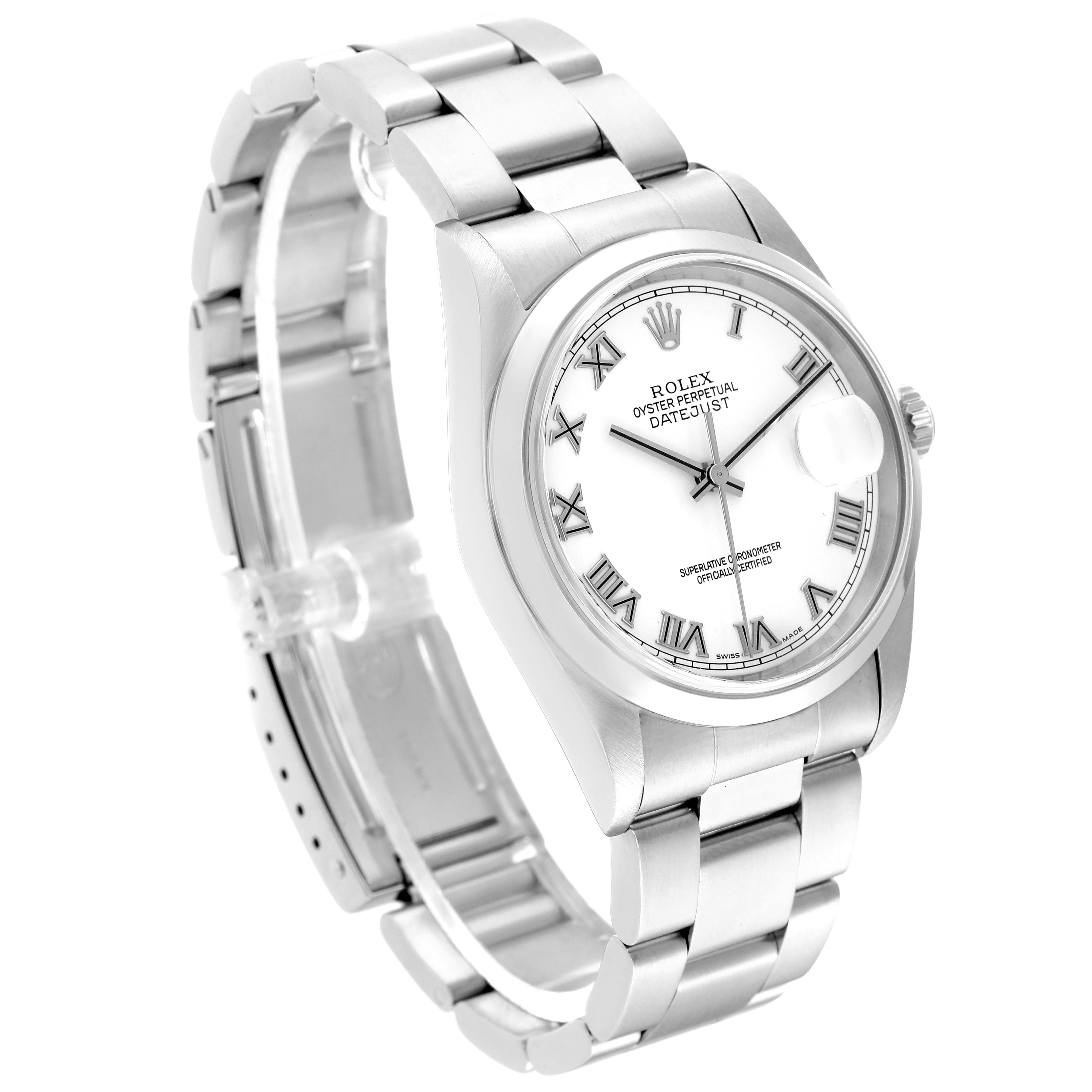 The image shows a stainless steel Rolex Datejust 16200 Men's Stainless Steel White Dial 16200 Men's Stainless Steel White Dial watch at a three-quarter angle, highlighting the face, bezel, and bracelet.