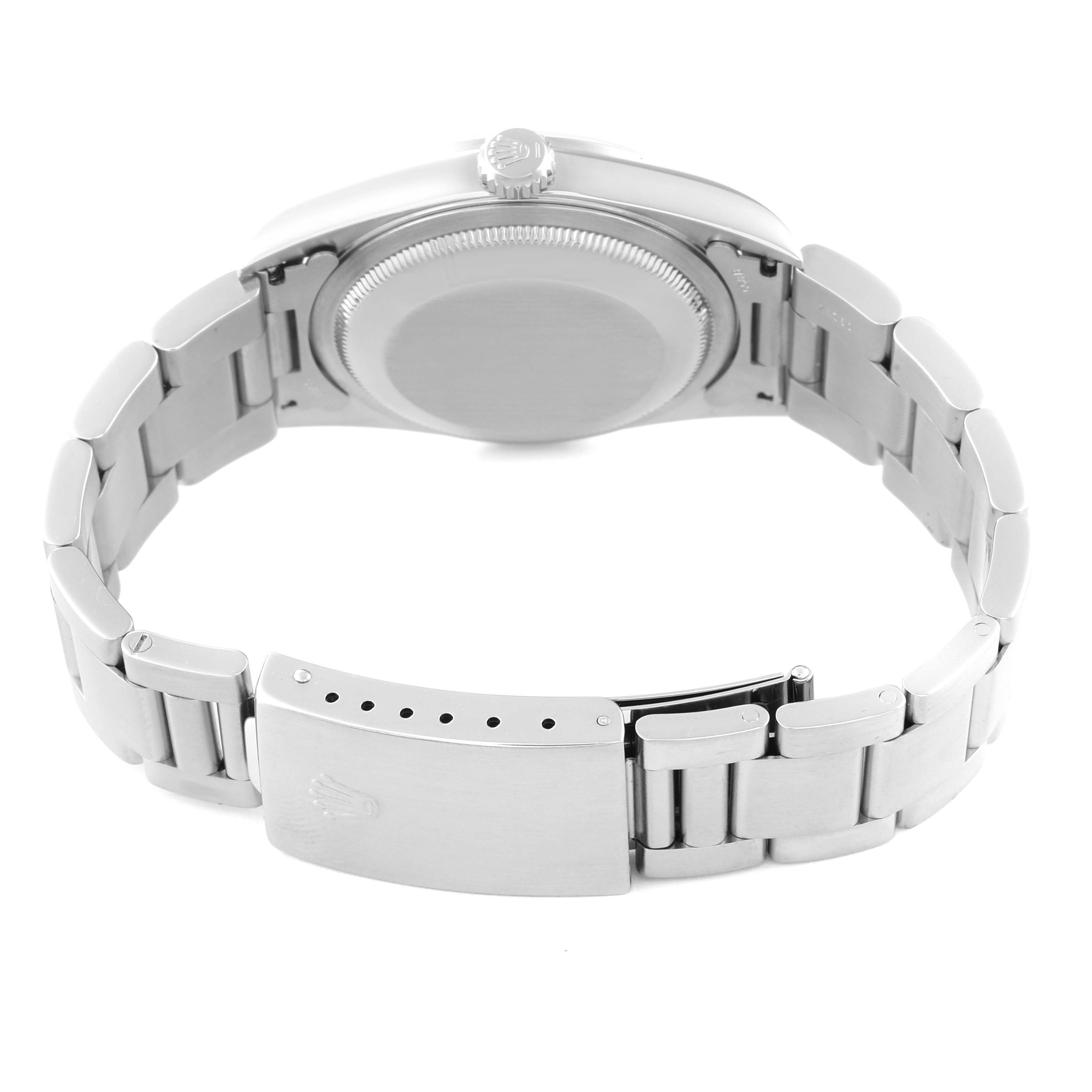 This Rolex Datejust 16200 Men's Stainless Steel White Dial 16200 Men's Stainless Steel White Dial watch is shown from the back, focusing on the steel bracelet and clasp.