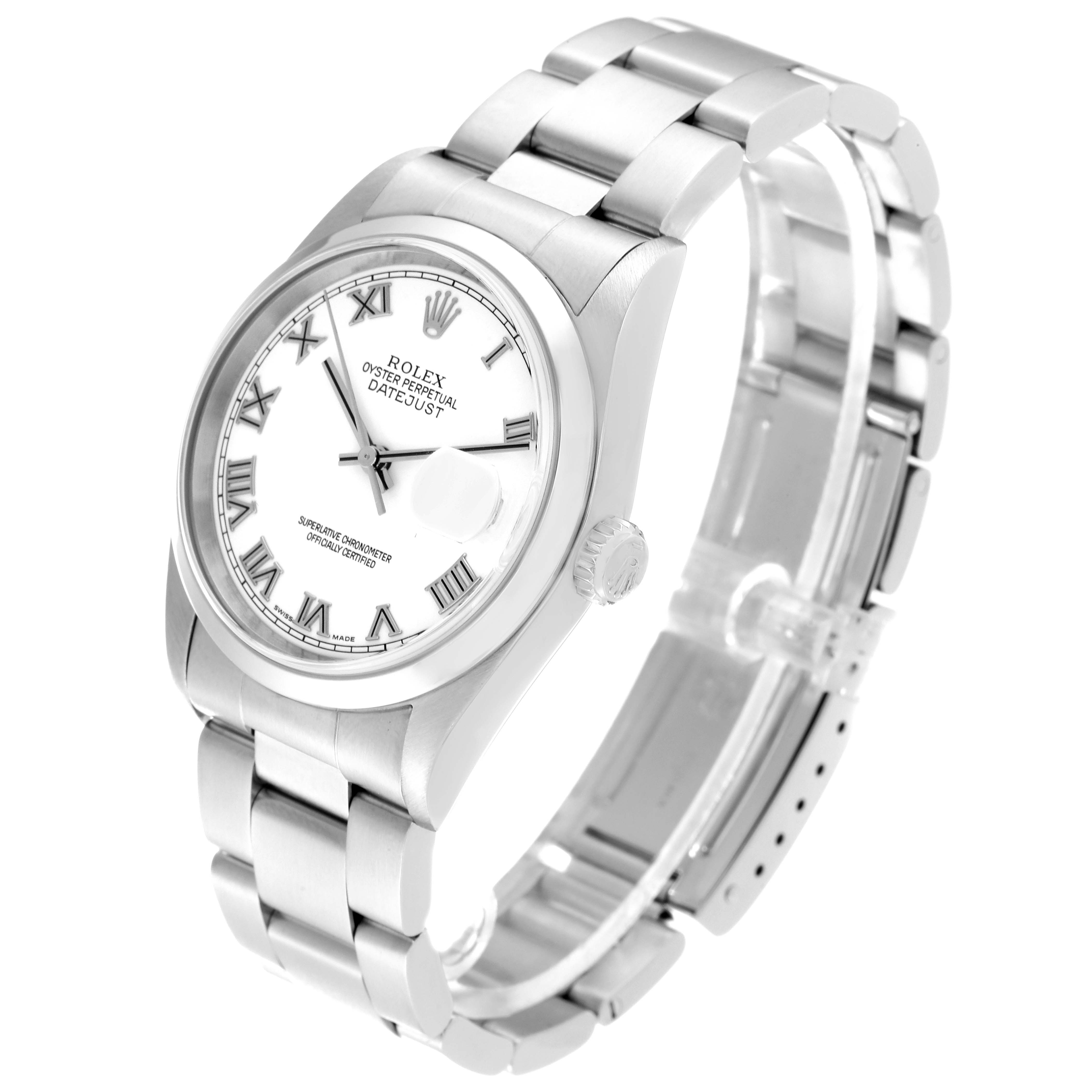 The Rolex Datejust 16200 Men's Stainless Steel White Dial 16200 Men's Stainless Steel White Dial watch is shown at a 3/4 angle, displaying its face, bracelet, and clasp.