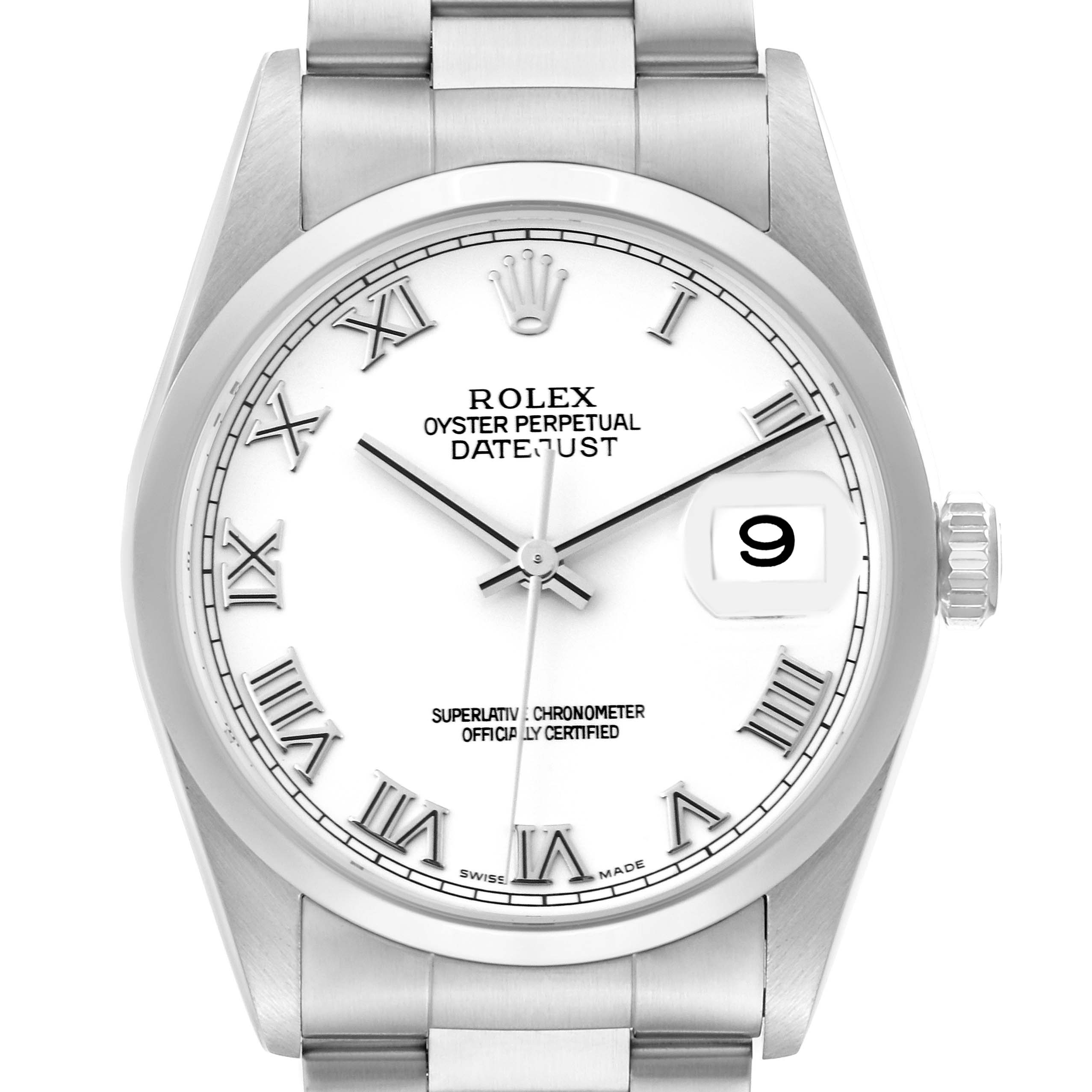 This image shows a front view of the Rolex Datejust 16200 Men's Stainless Steel White Dial 16200 Men's Stainless Steel White Dial watch displaying its face, crown, and bracelet.