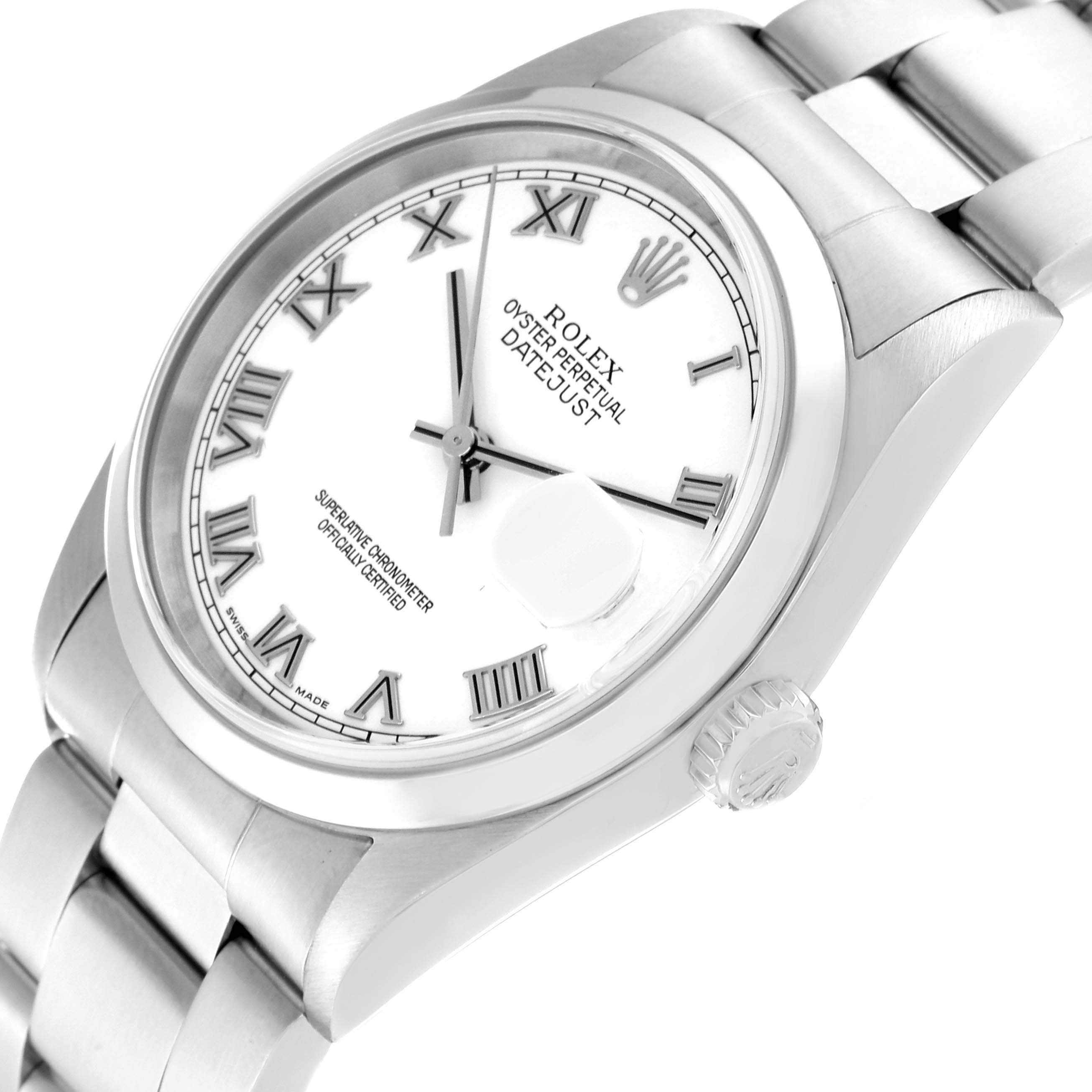 The image shows a Rolex Datejust 16200 Men's Stainless Steel White Dial 16200 Men's Stainless Steel White Dial watch from an angled close-up, highlighting the dial, bracelet, crown, and cyclops lens.