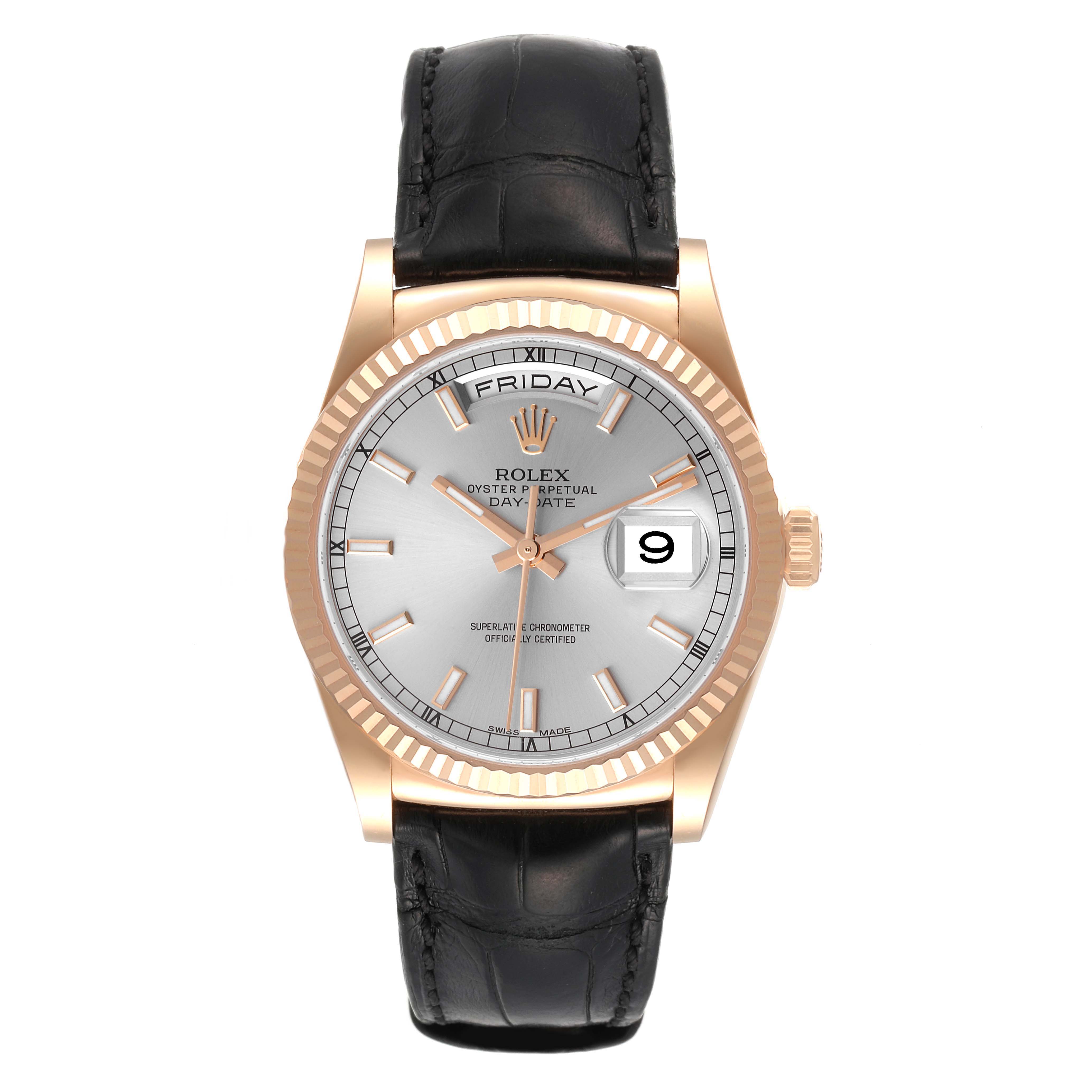 This image shows a front view of a Rolex President 118135 Men's Rose Gold Silver Dial 118135 Men's Rose Gold Silver Dial model watch, highlighting its face, bezel, and black leather strap.