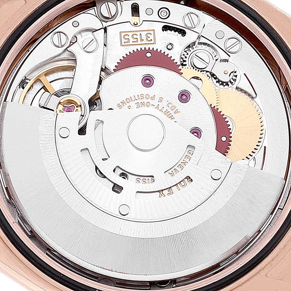 The image shows the internal mechanism of the Rolex President 118135 Men's Rose Gold Silver Dial 118135 Men's Rose Gold Silver Dial model watch, viewed from the back.