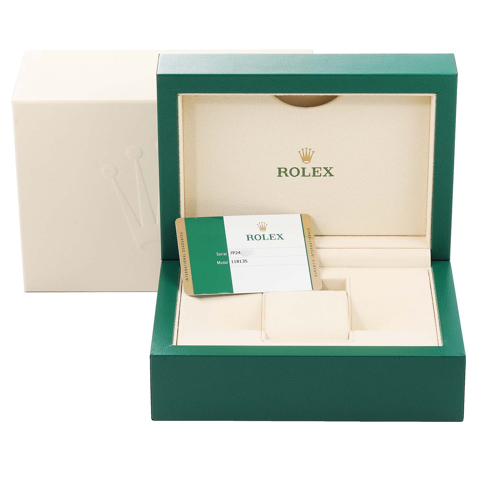The image shows the box, packaging, and warranty card for a Rolex President 118135 Men's Rose Gold Silver Dial 118135 Men's Rose Gold Silver Dial model.