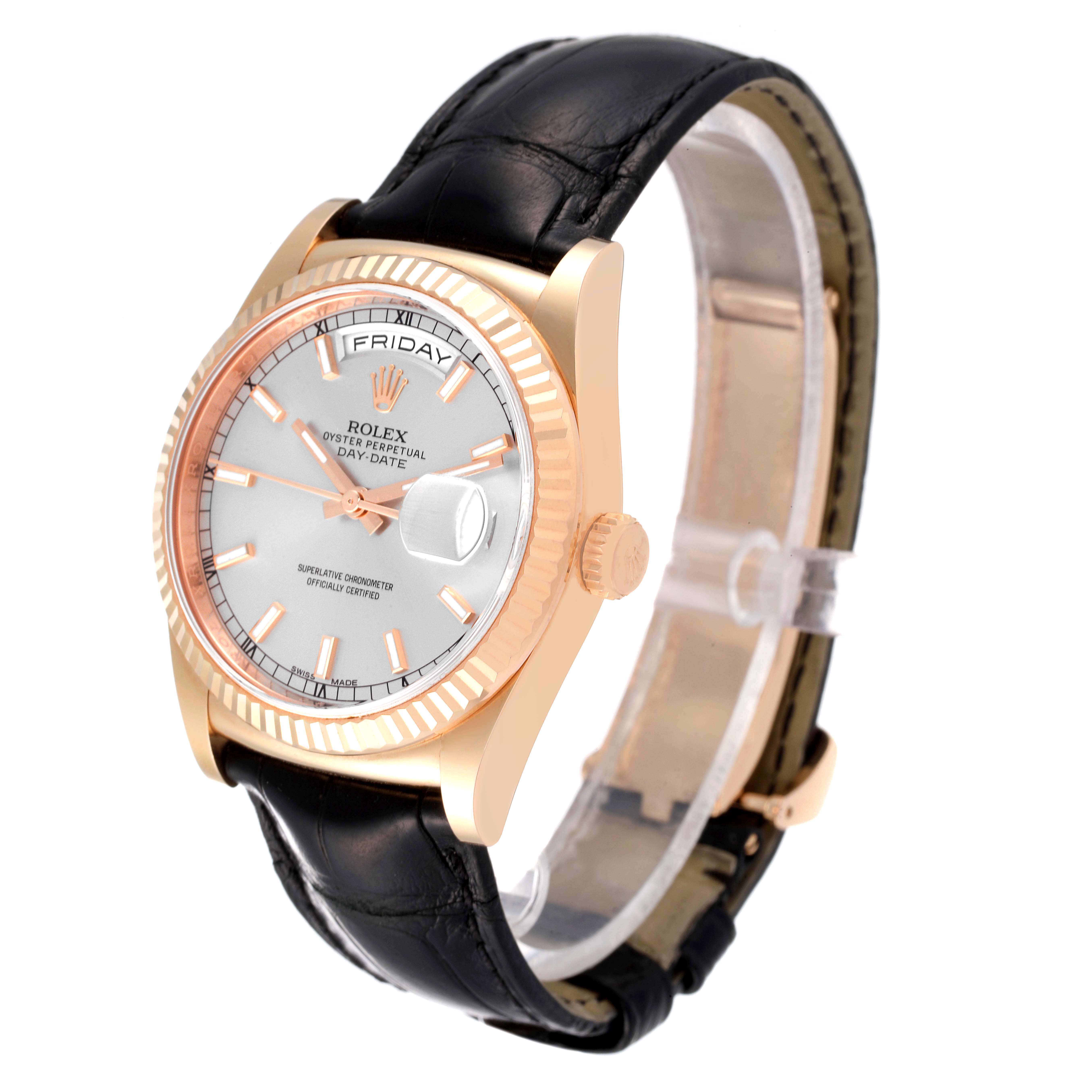 This is a President model Rolex watch shown at a three-quarter angle, highlighting its face, bezel, crown, and leather strap.