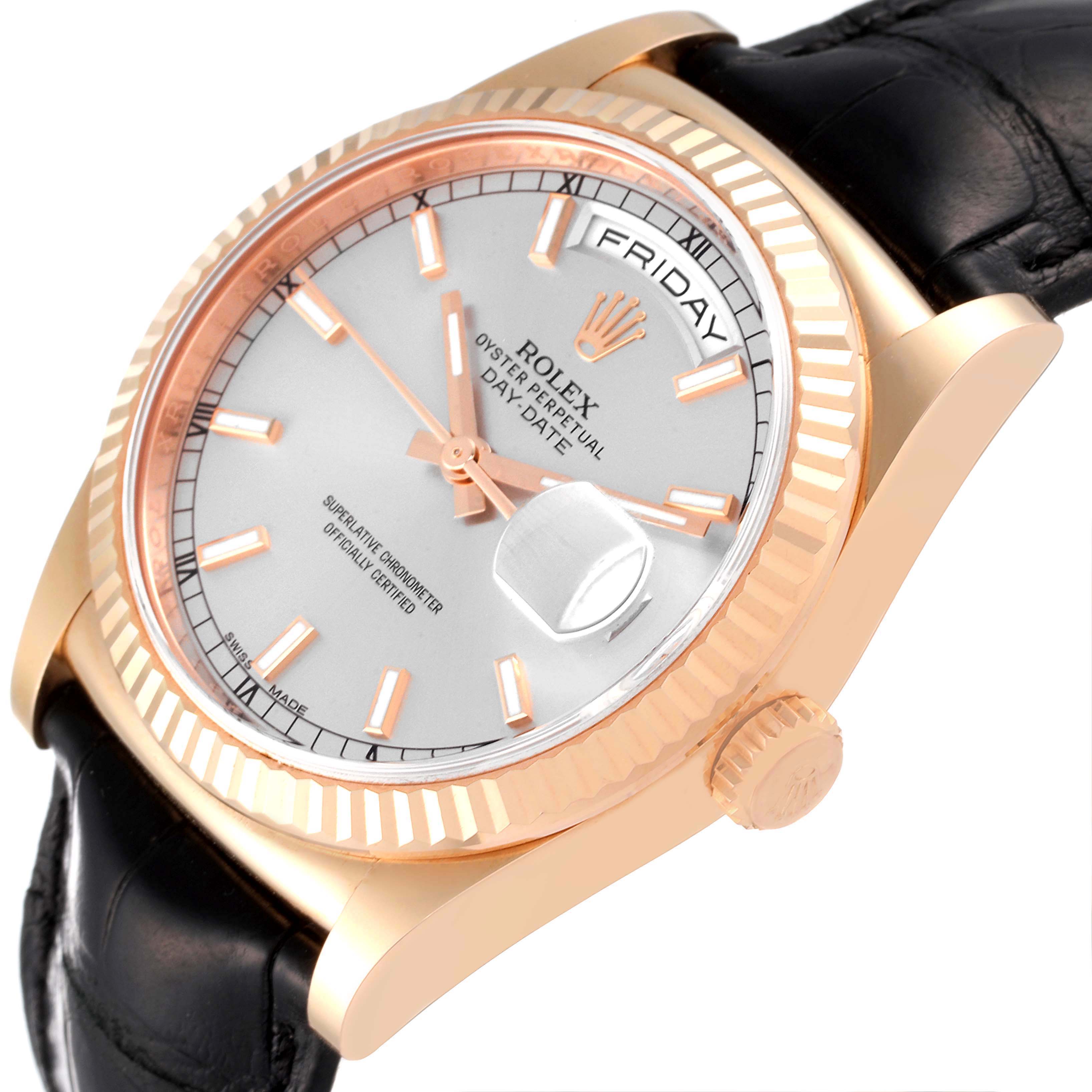 This image shows a Rolex President 118135 Men's Rose Gold Silver Dial 118135 Men's Rose Gold Silver Dial watch at an angle displaying the face, crown, and part of the strap.