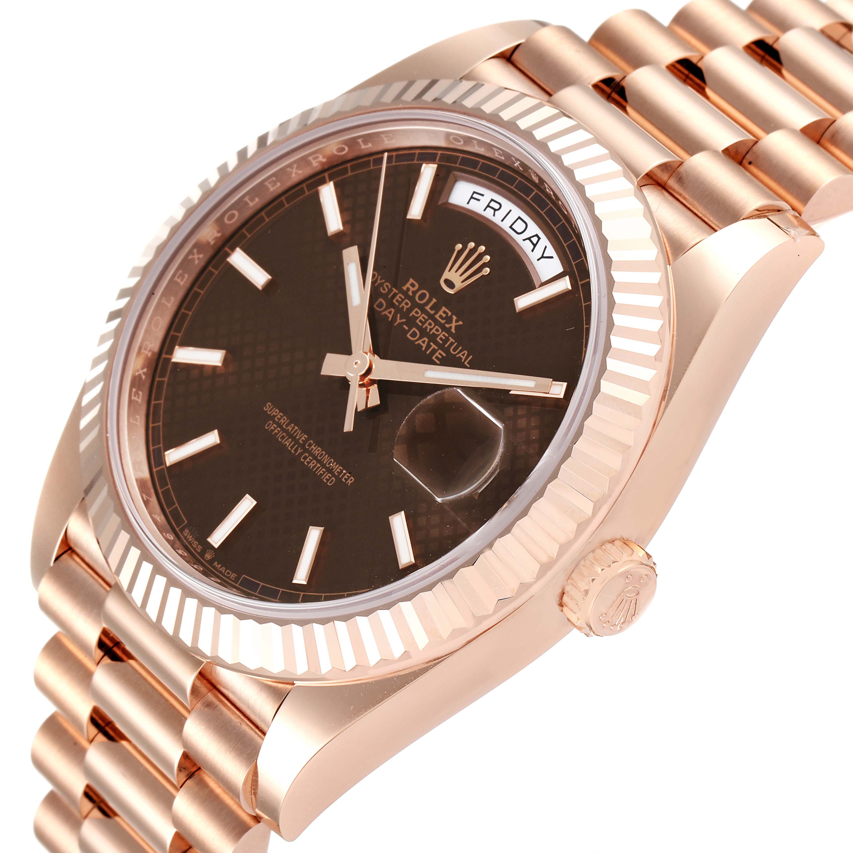 The image shows a Rolex President 228235 Men's Rose Gold Brown Dial 228235 Men's Rose Gold Brown Dial model watch angled to display the face, bezel, crown, and part of the bracelet.