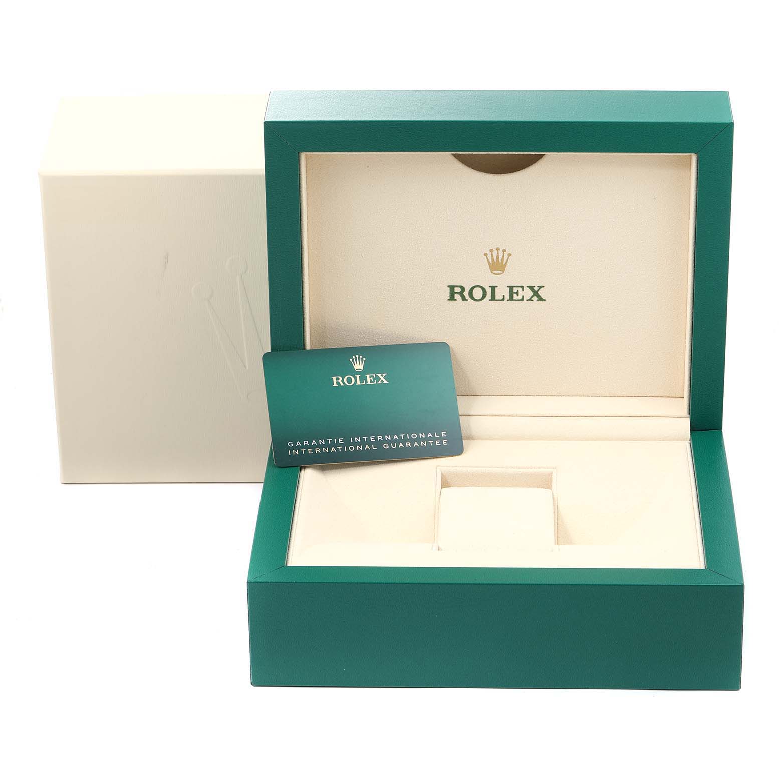 The image shows an open green Rolex President 228235 Men's Rose Gold Brown Dial 228235 Men's Rose Gold Brown Dial model watch box along with its guarantee card.