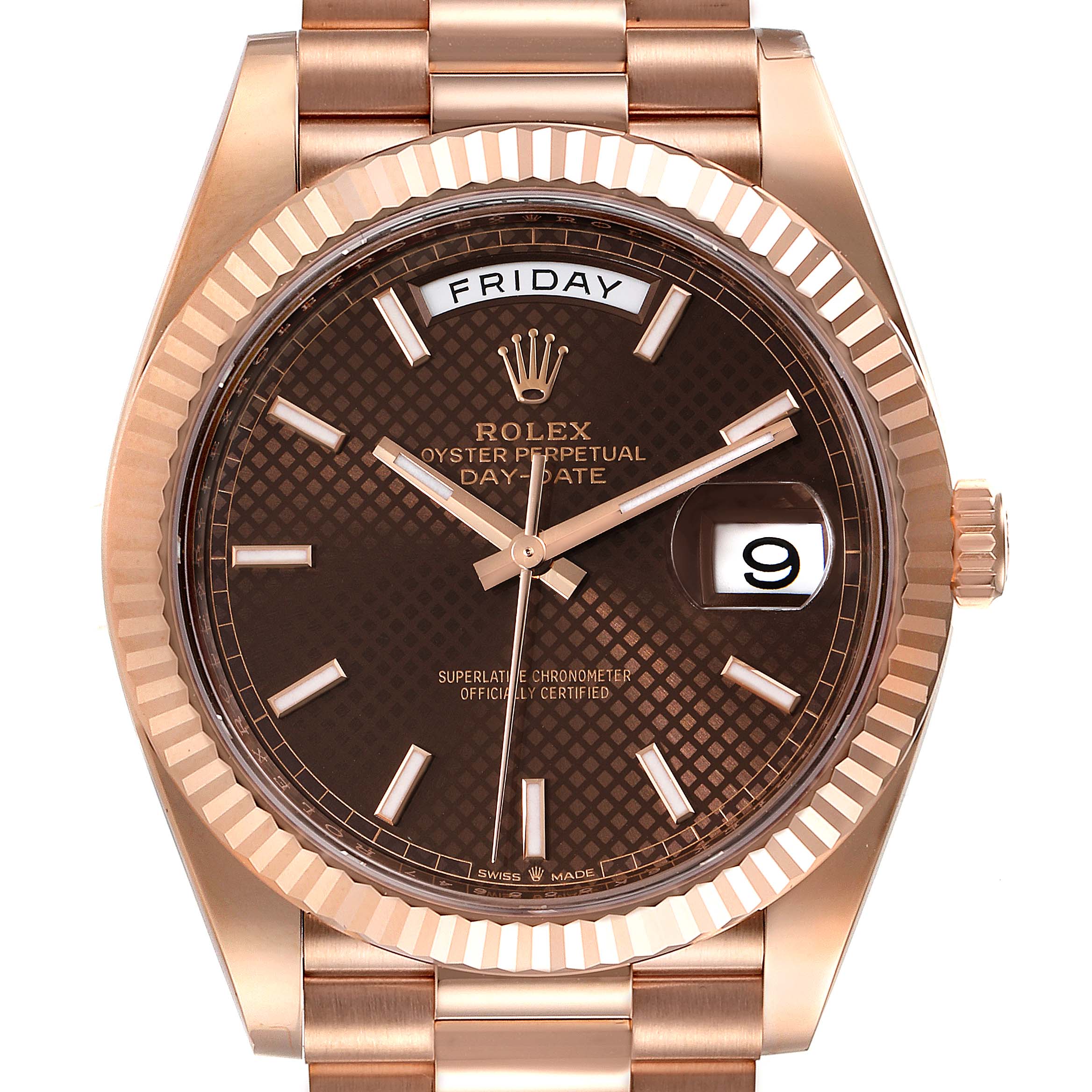 The image shows a front view of the Rolex President 228235 Men's Rose Gold Brown Dial 228235 Men's Rose Gold Brown Dial model watch, highlighting its dial, bezel, day, and date display.