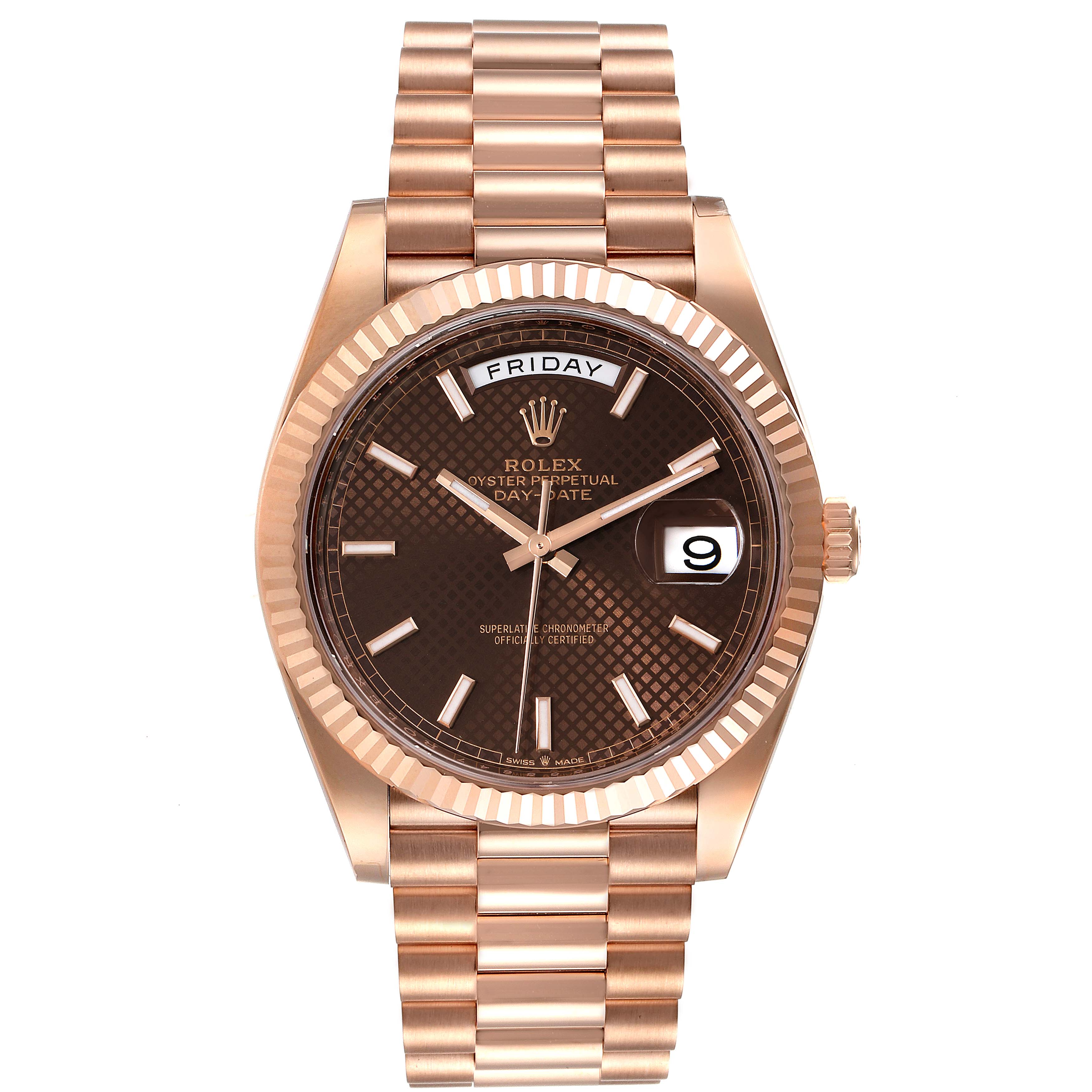 The image shows the front view of the Rolex President 228235 Men's Rose Gold Brown Dial 228235 Men's Rose Gold Brown Dial model watch, displaying the dial, bracelet, and crown.