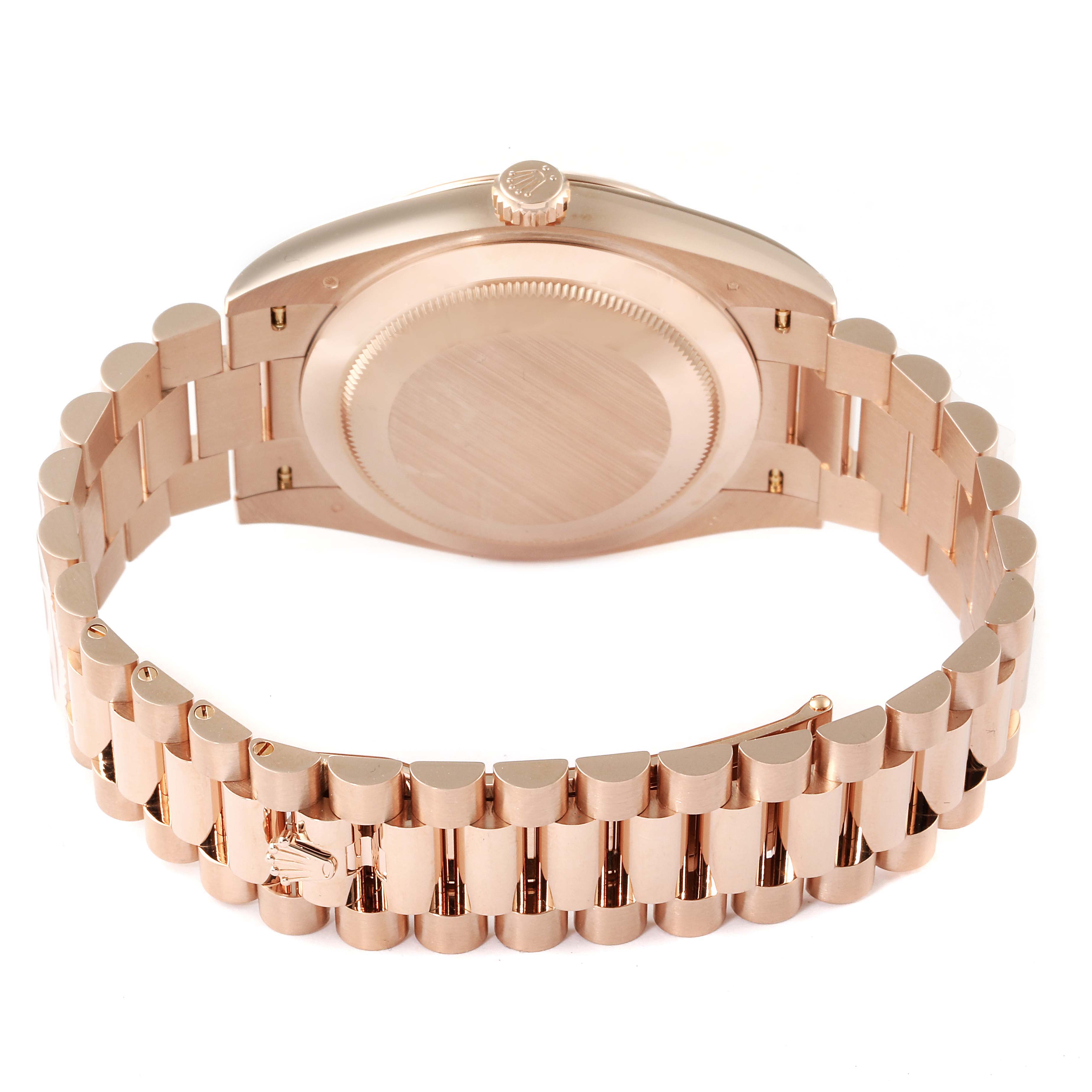This image shows the back and bracelet of a Rolex President 228235 Men's Rose Gold Brown Dial 228235 Men's Rose Gold Brown Dial model watch, viewed from a rear angle.