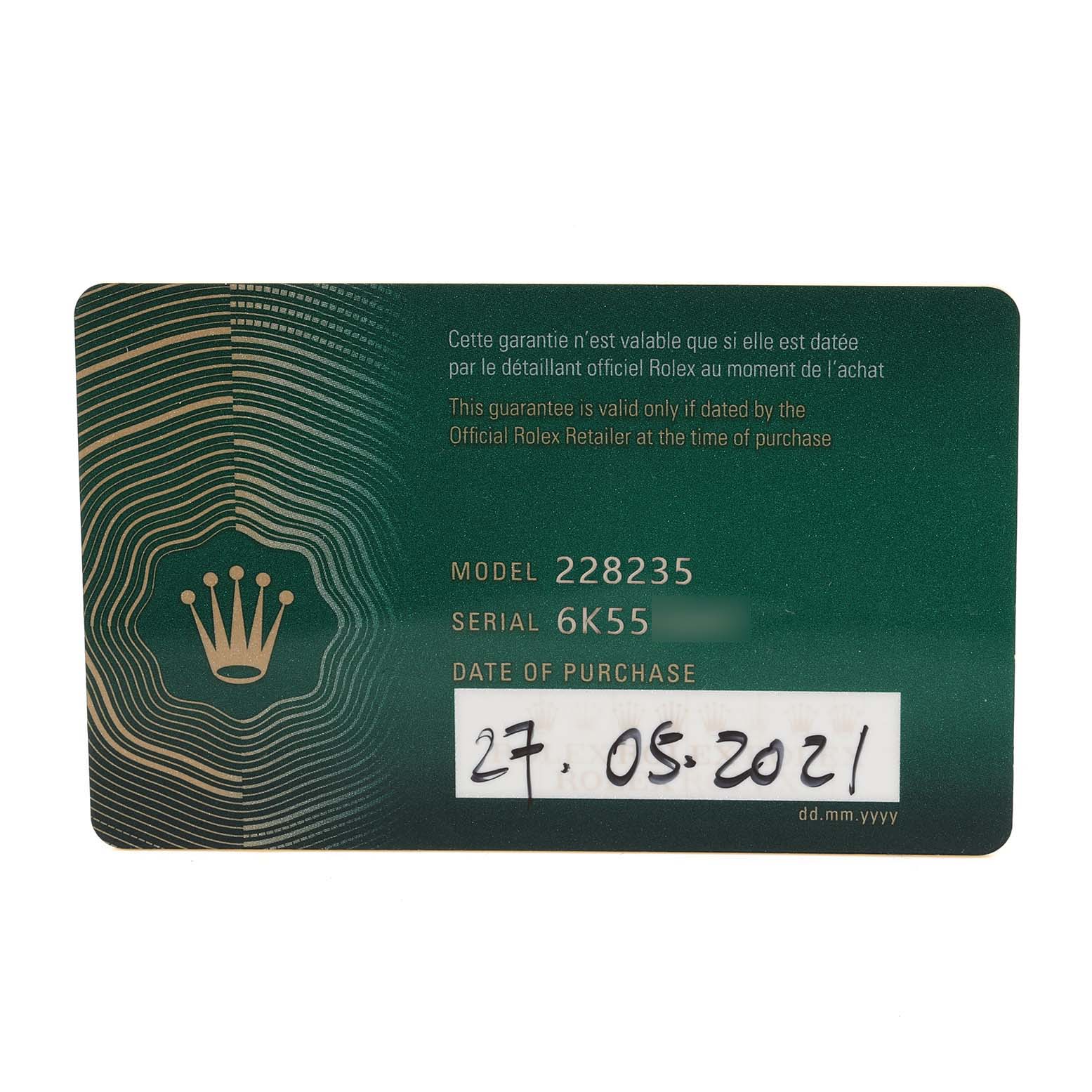 This image shows a warranty card for a President model Rolex watch, including model and serial numbers, and the date of purchase.