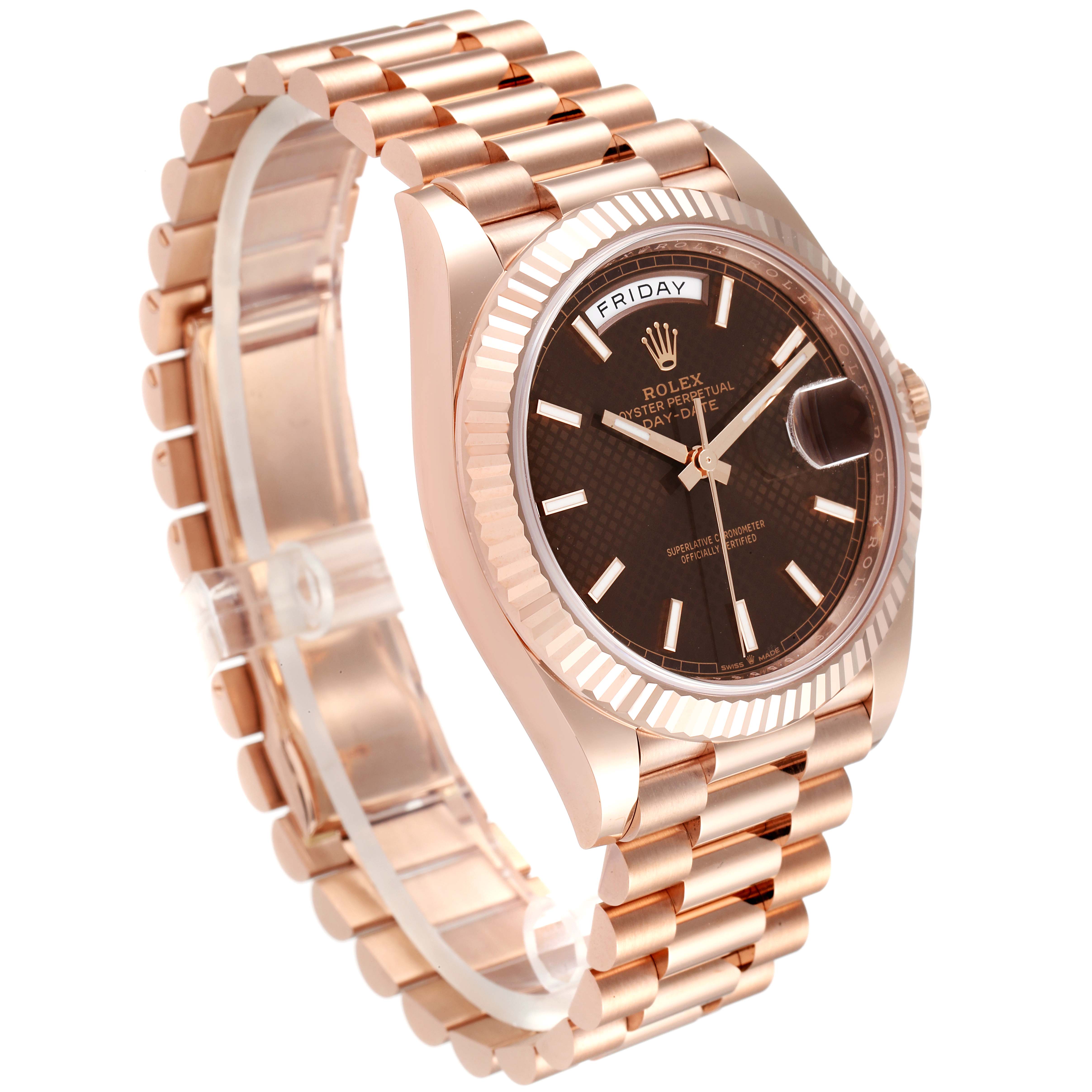 This image shows a side angle of a Rolex President 228235 Men's Rose Gold Brown Dial 228235 Men's Rose Gold Brown Dial model watch, highlighting the bracelet and dial.