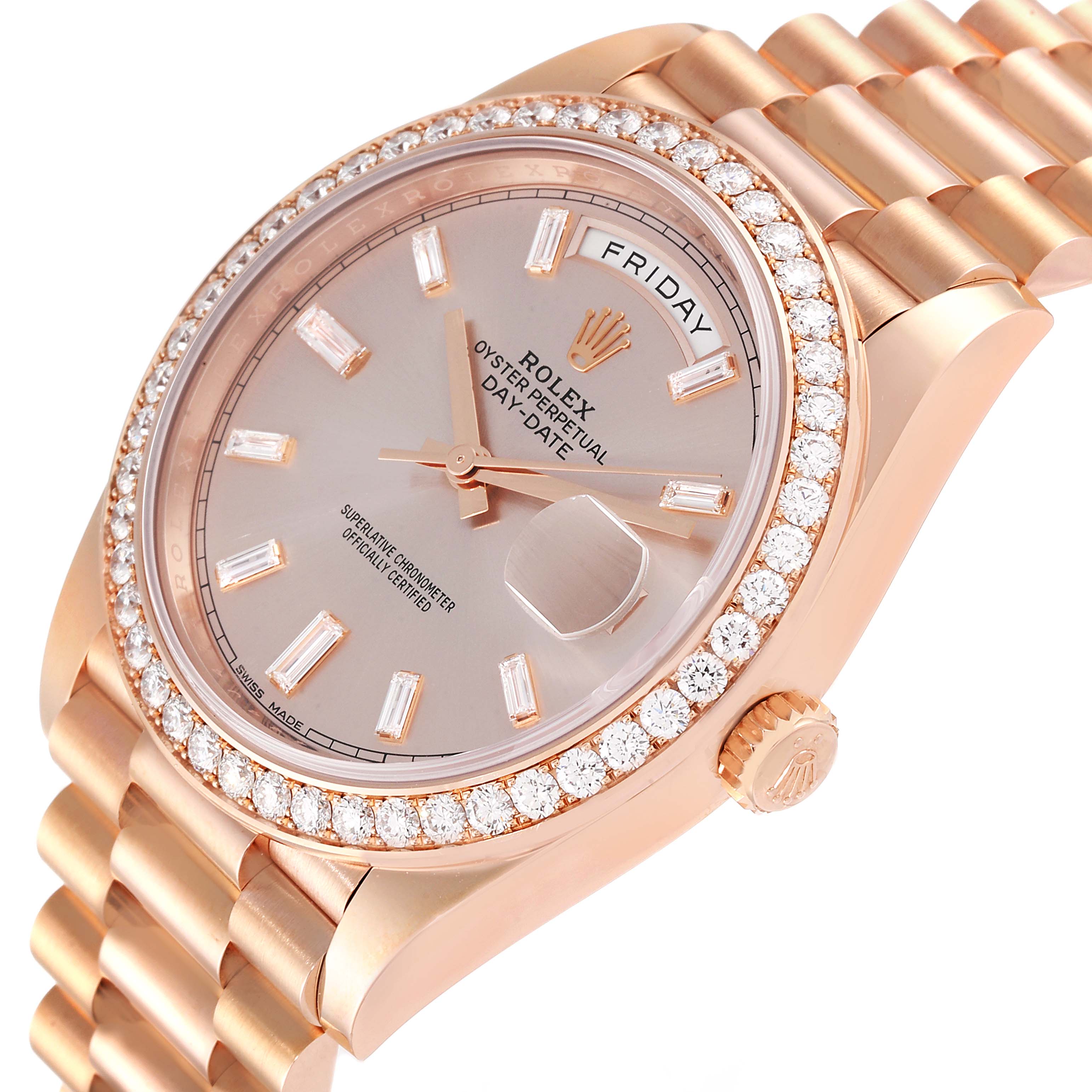 The Rolex President 228345RBR Men's Rose Gold Pink Dial 228345RBR Men's Rose Gold Pink Dial watch is shown from a three-quarter angle, highlighting its face, diamond bezel, crown, and bracelet.