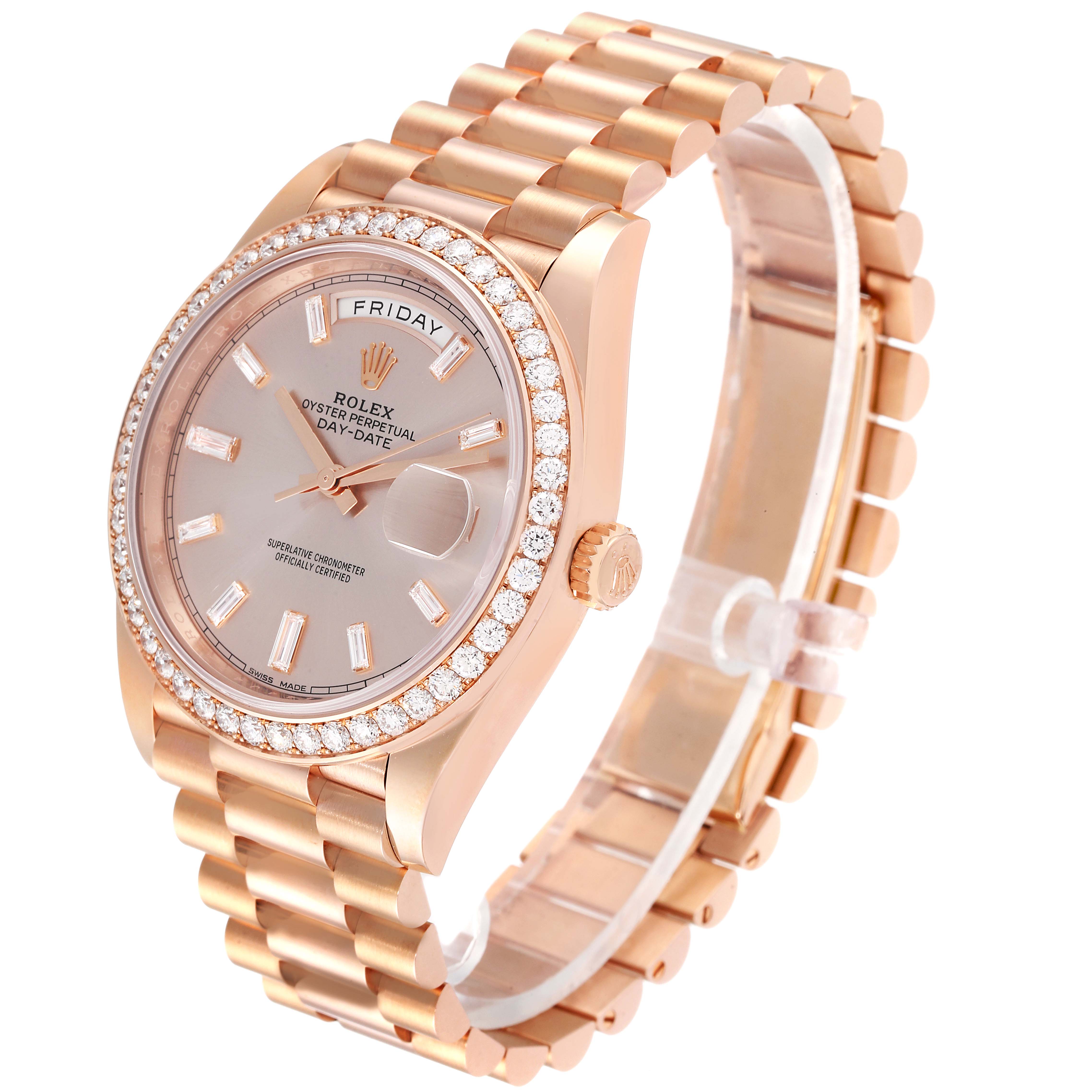 The image shows a side-angle view of a Rolex President 228345RBR Men's Rose Gold Pink Dial 228345RBR Men's Rose Gold Pink Dial model watch, highlighting its dial, bezel, and bracelet.