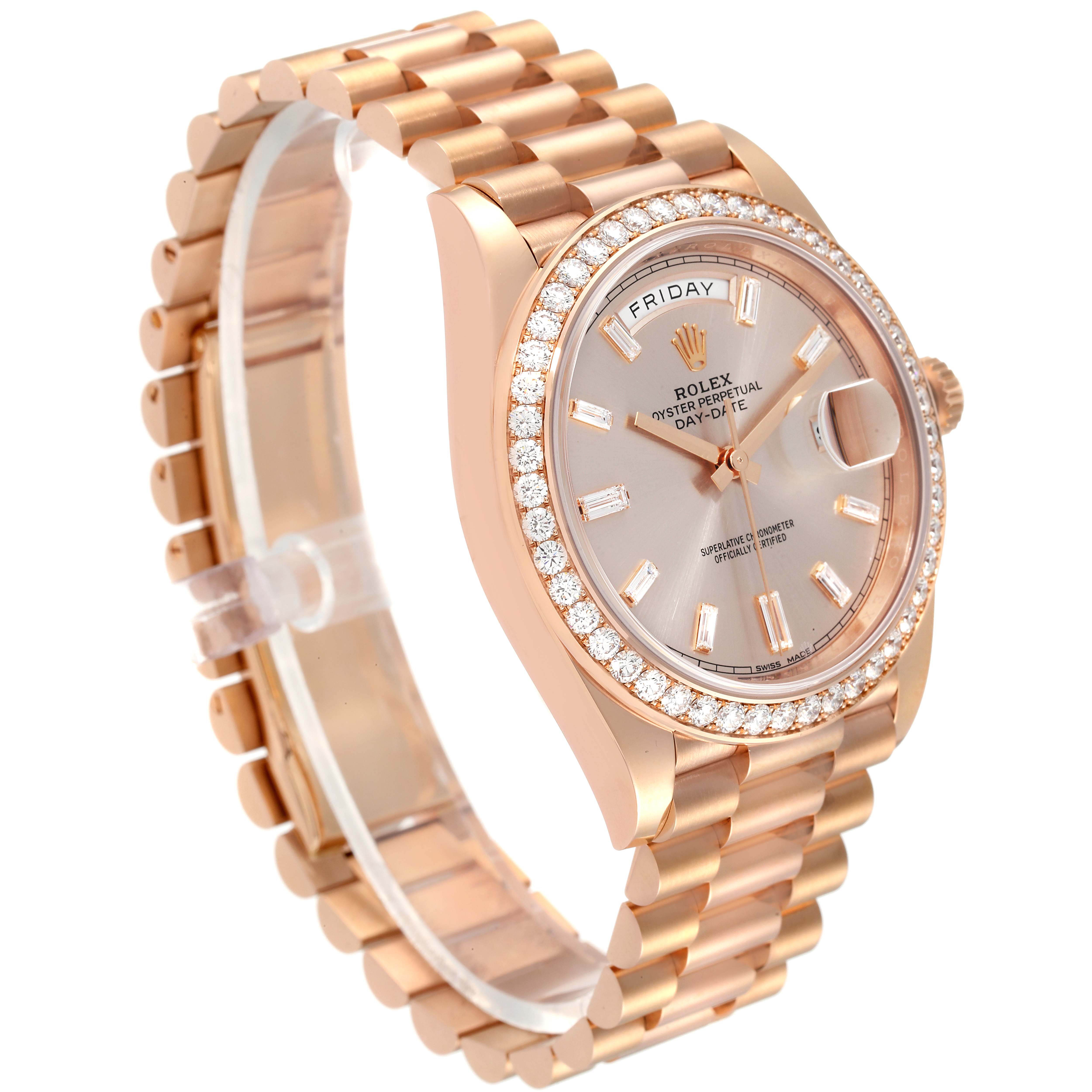 The image shows a Rolex President 228345RBR Men's Rose Gold Pink Dial 228345RBR Men's Rose Gold Pink Dial model watch, featuring its bracelet, bezel, and dial at a slightly angled perspective.