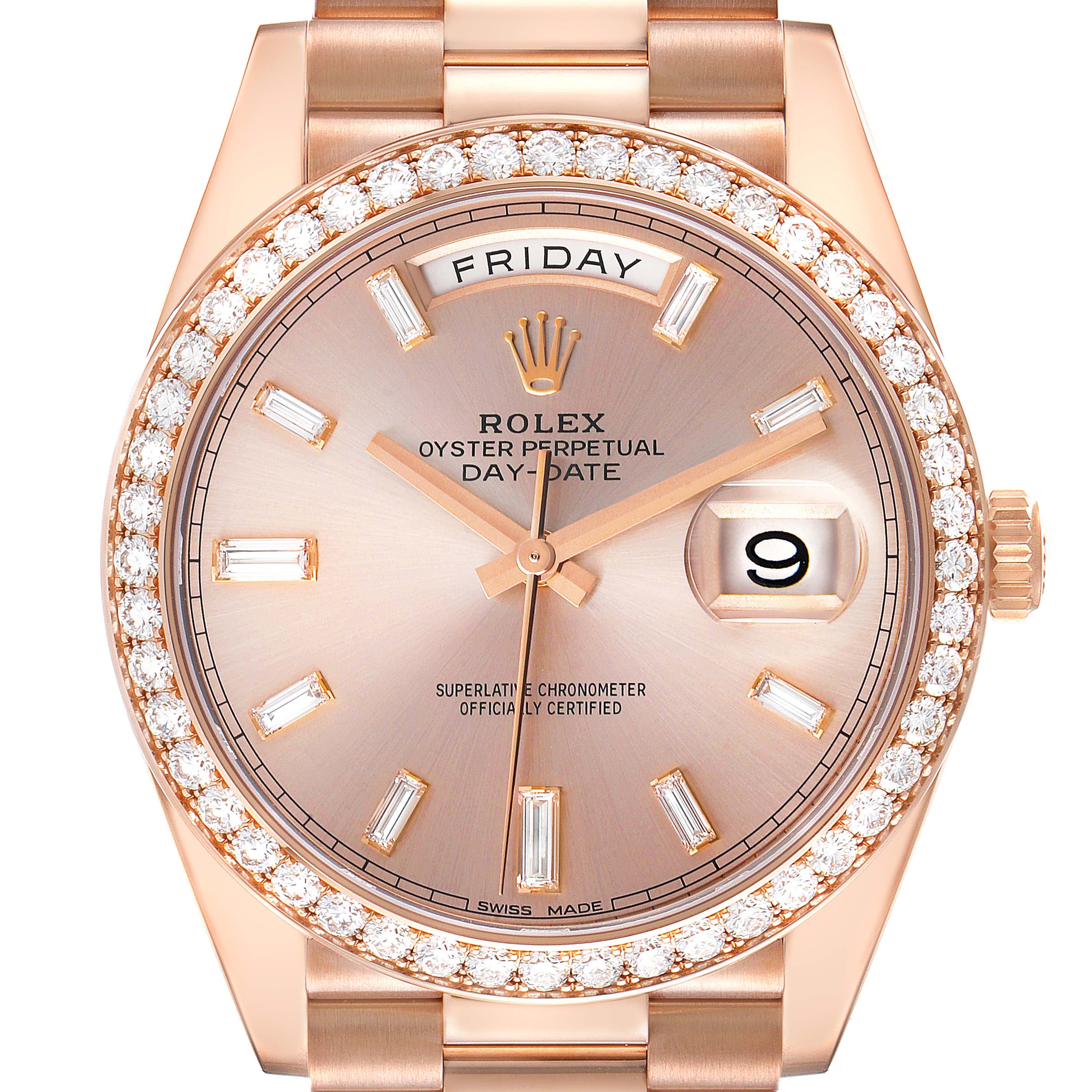 This image shows the front view of a Rolex President 228345RBR Men's Rose Gold Pink Dial 228345RBR Men's Rose Gold Pink Dial model watch, displaying the face, bezel, and bracelet.