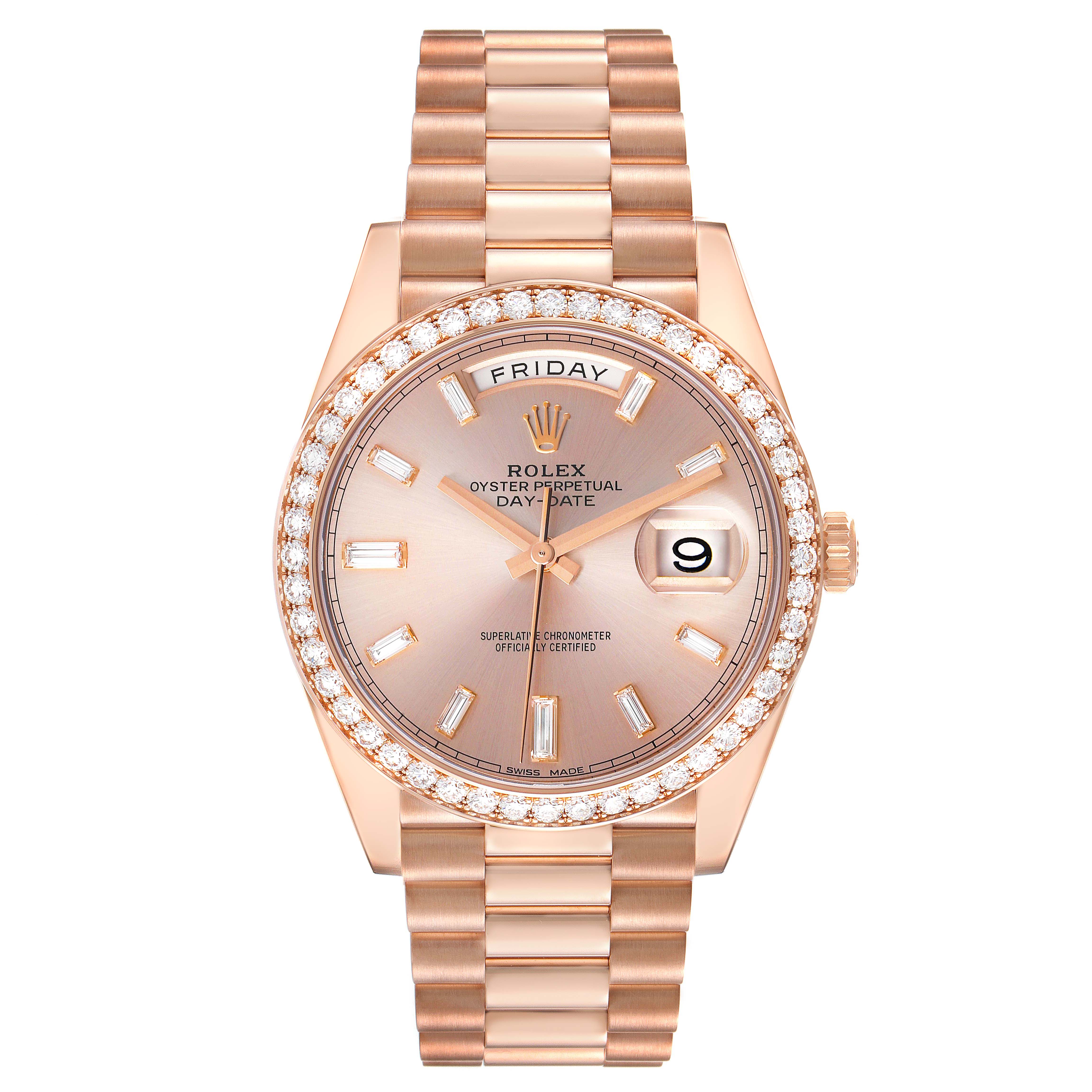 This image shows the front view of a Rolex President 228345RBR Men's Rose Gold Pink Dial 228345RBR Men's Rose Gold Pink Dial model watch, highlighting its face, dial, bezel, and bracelet.