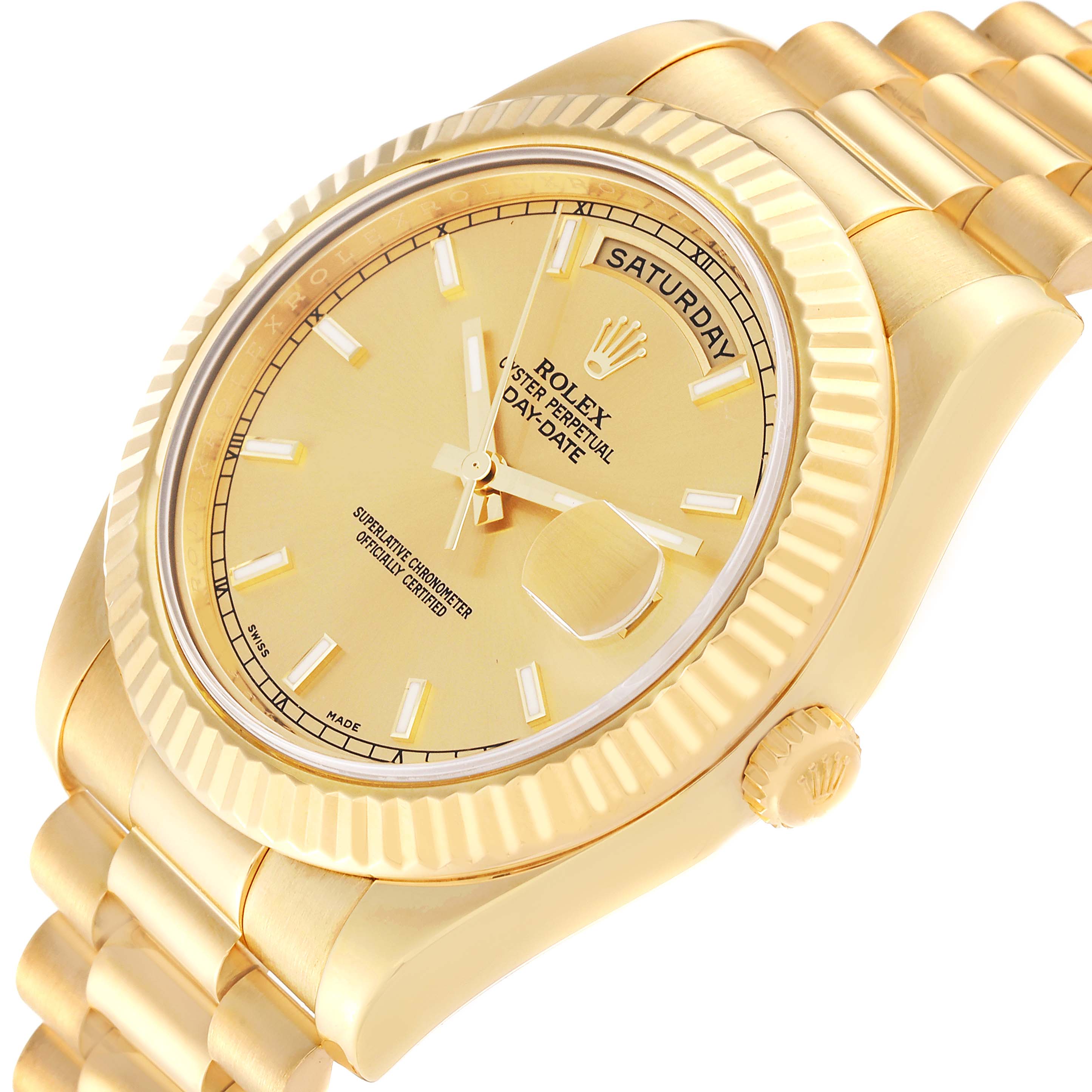 A Rolex President 218238 Men's Yellow Gold Champagne Dial 218238 Men's Yellow Gold Champagne Dial model watch is shown at a slight angle, highlighting the gold dial, bezel, and bracelet.