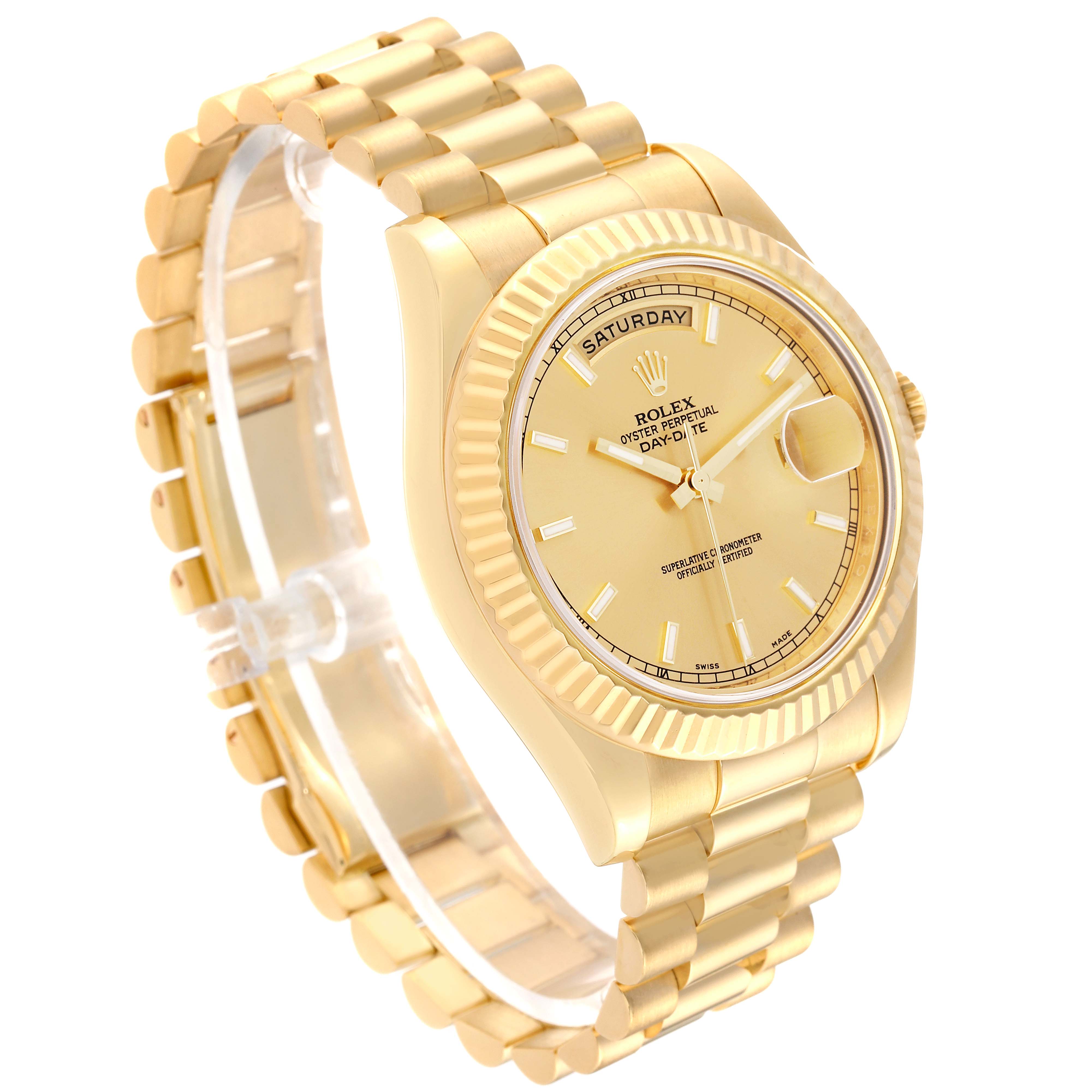 The image shows a President model Rolex watch at a 45-degree angle, featuring its bracelet, face, bezel, and crown.