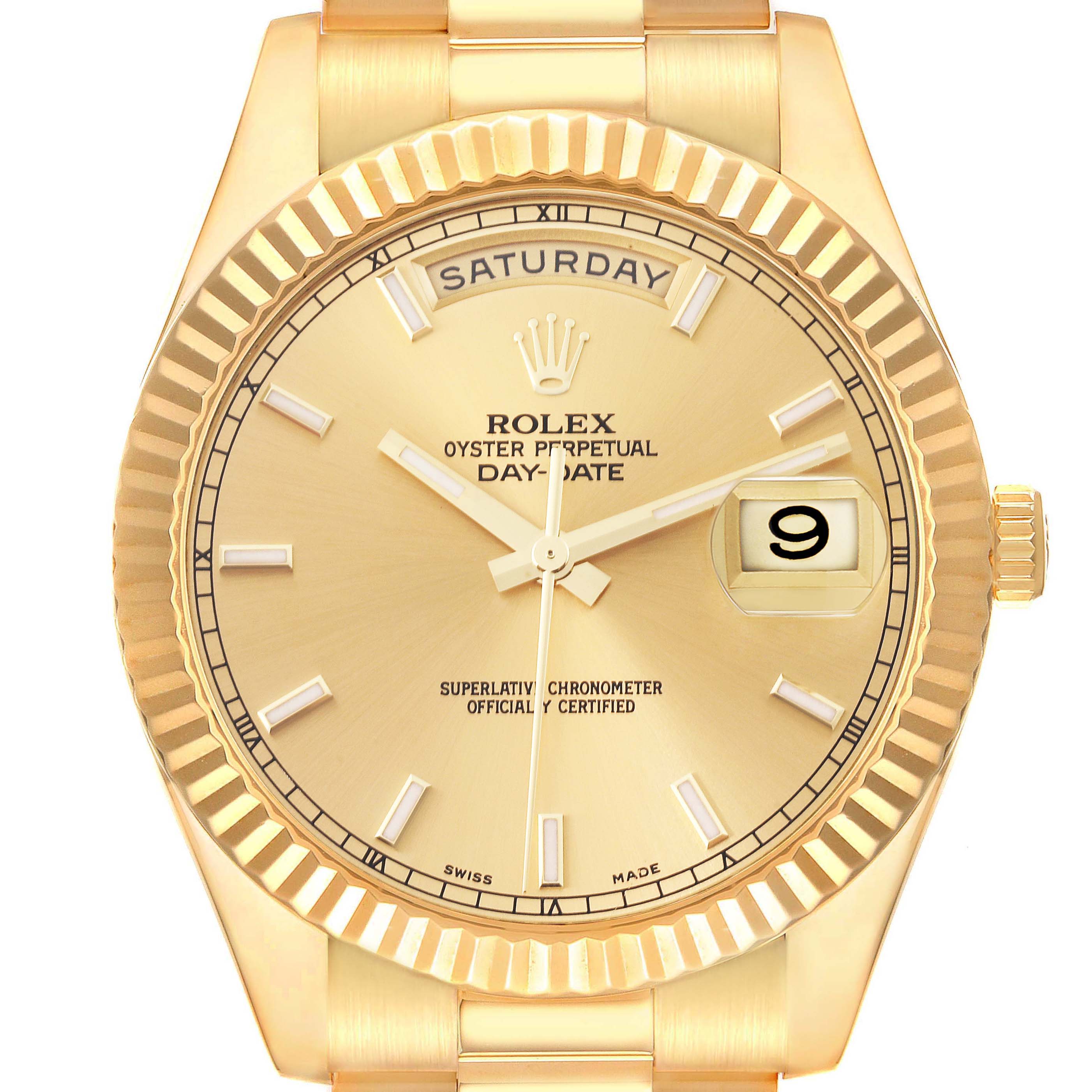 The image shows a frontal view of a Rolex President 218238 Men's Yellow Gold Champagne Dial 218238 Men's Yellow Gold Champagne Dial model watch, highlighting the face, bezel, and part of the bracelet.