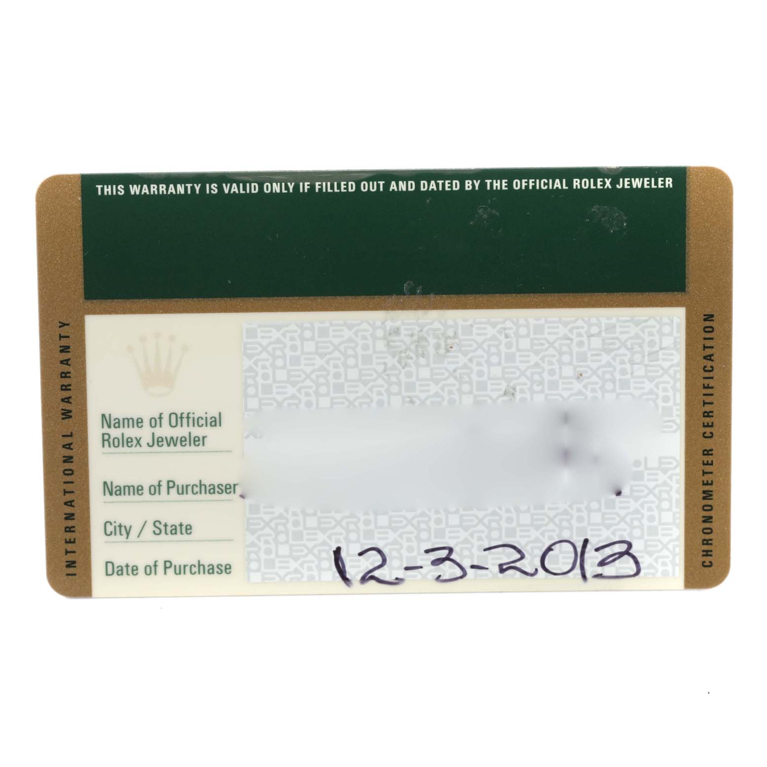 This image shows a Rolex international warranty card for the President model, featuring fields for jeweler, purchaser, location, and purchase date.
