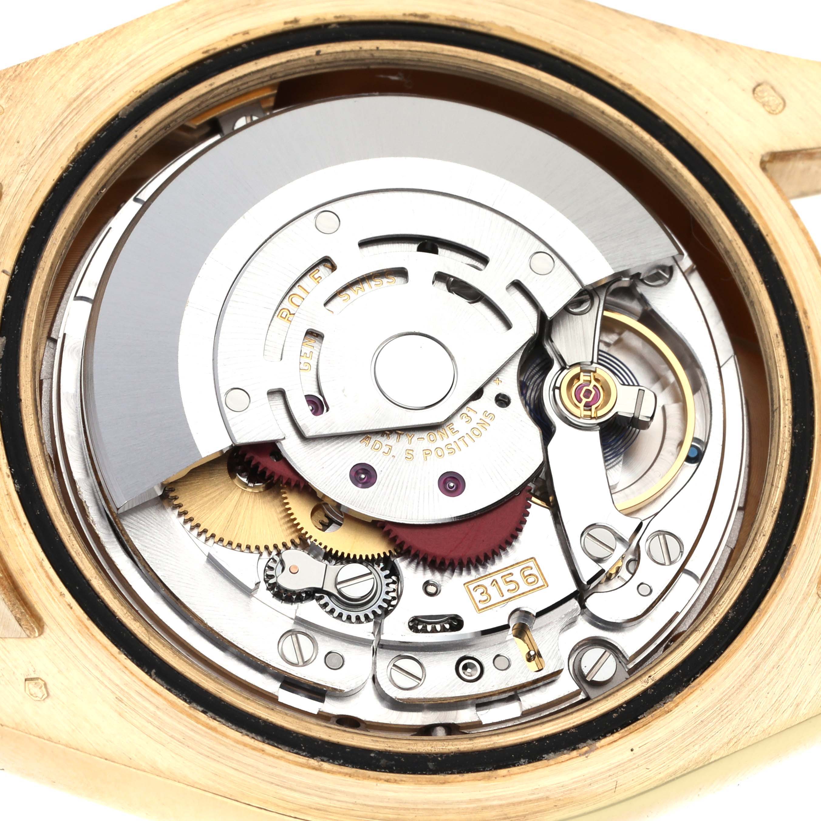 The image displays the inner movement mechanism of a Rolex President 218238 Men's Yellow Gold Champagne Dial 218238 Men's Yellow Gold Champagne Dial model watch from a top-down angle.