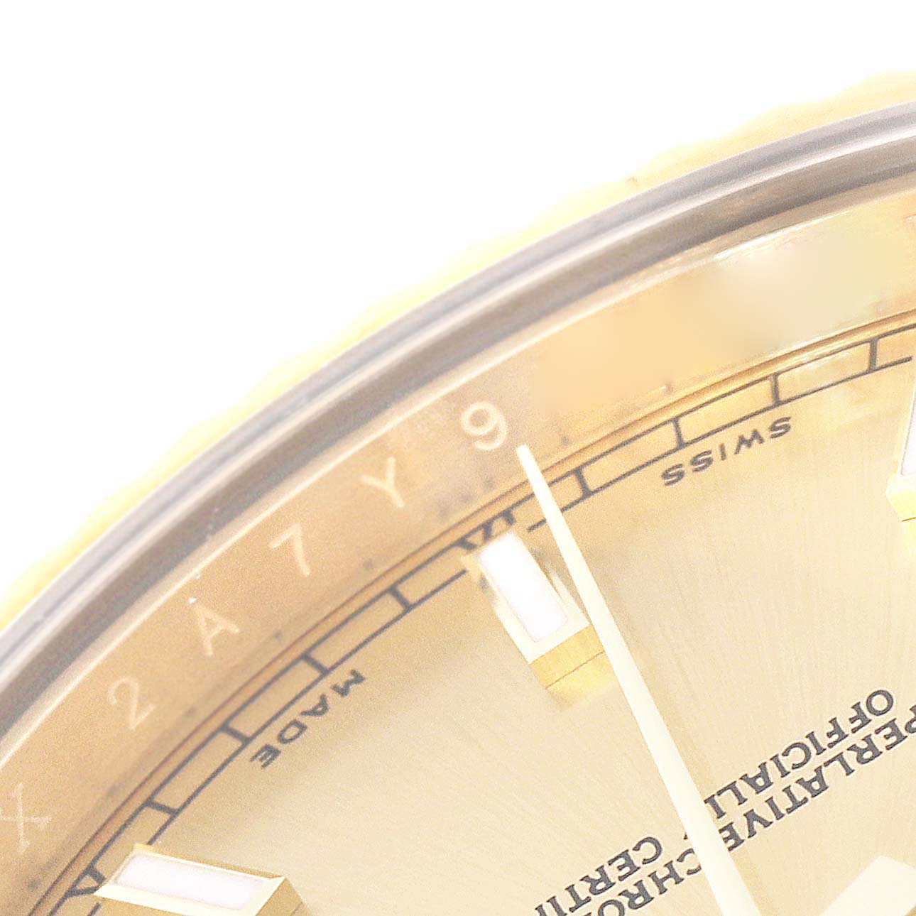 The image shows a close-up of the dial and bezel of the Rolex President 218238 Men's Yellow Gold Champagne Dial 218238 Men's Yellow Gold Champagne Dial model watch.