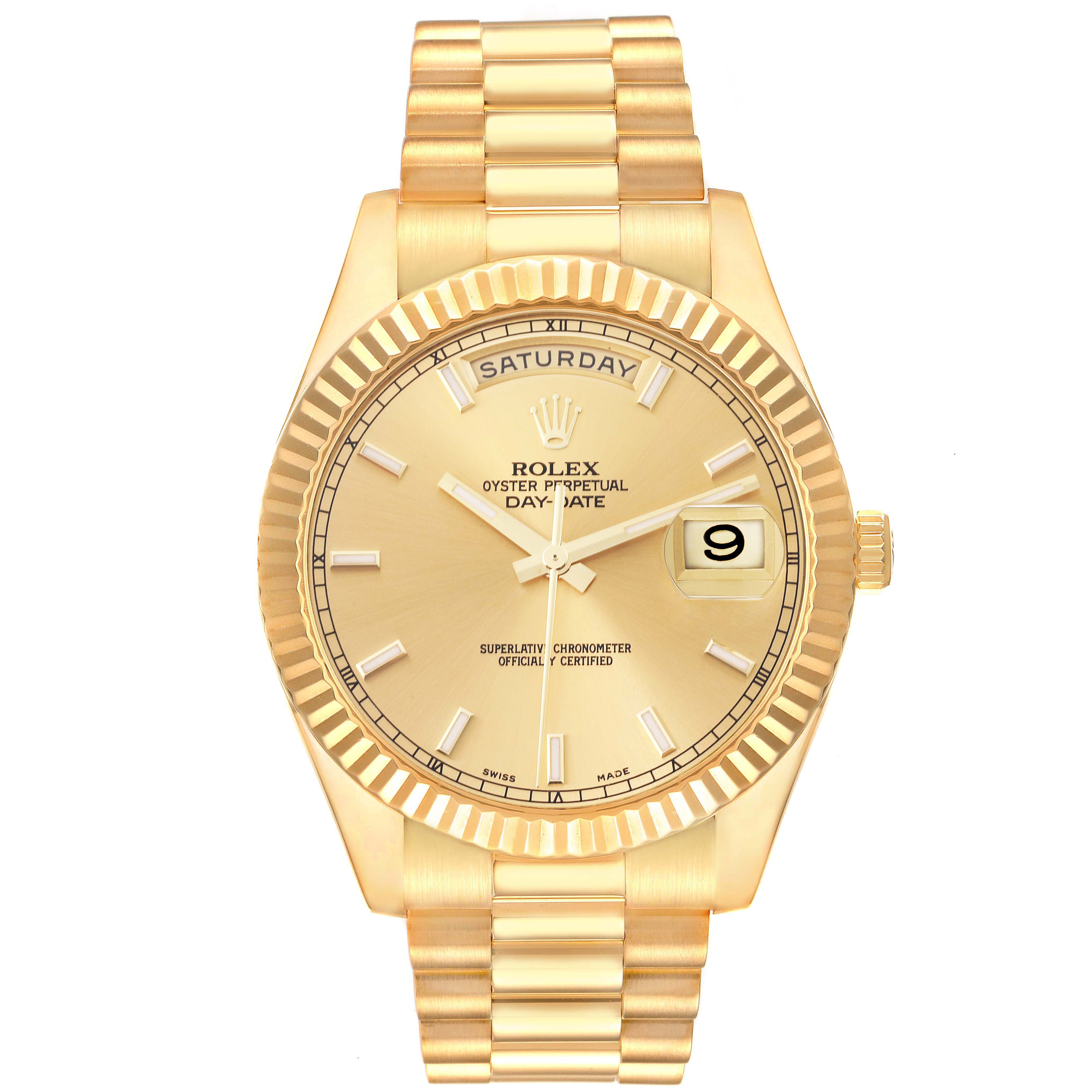The image shows a front view of the Rolex President 218238 Men's Yellow Gold Champagne Dial 218238 Men's Yellow Gold Champagne Dial model watch, displaying its gold bracelet, bezel, dial, and day-date feature.