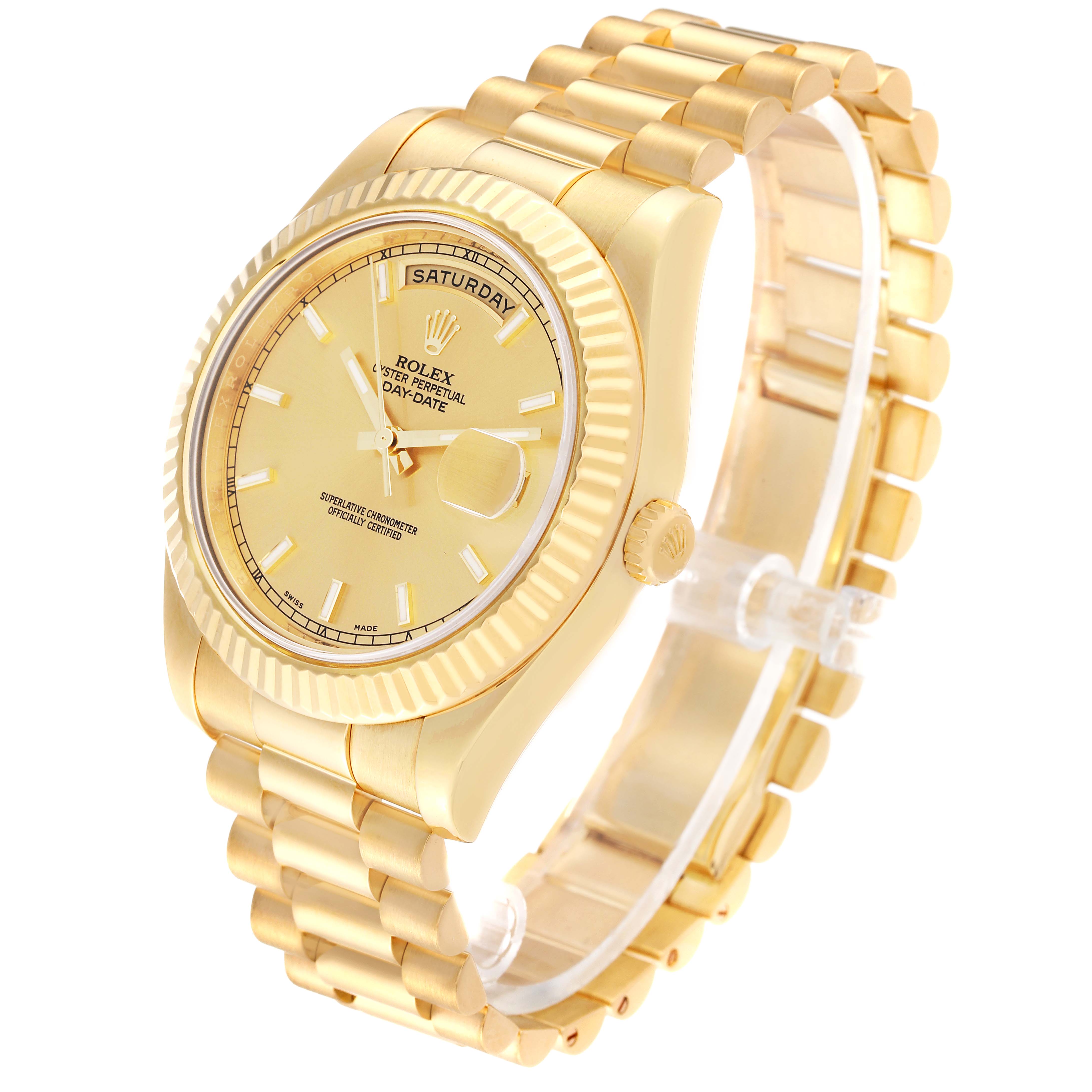 The Rolex President 218238 Men's Yellow Gold Champagne Dial 218238 Men's Yellow Gold Champagne Dial model watch is shown at an angle highlighting its gold face, bezel, bracelet, and the day-date feature.