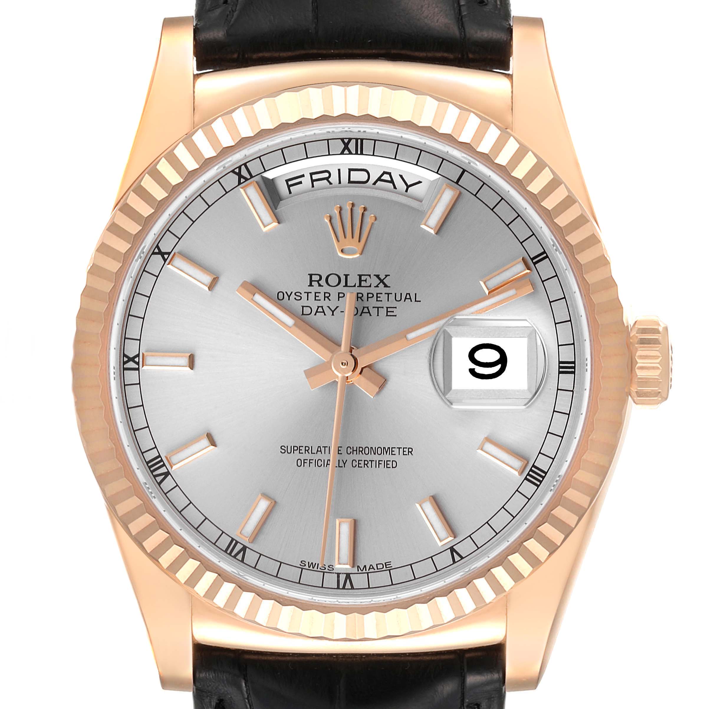 The image shows a front view of a Rolex President 118135 Men's Rose Gold Silver Dial 118135 Men's Rose Gold Silver Dial model watch, highlighting the dial, hands, date window, and crown.