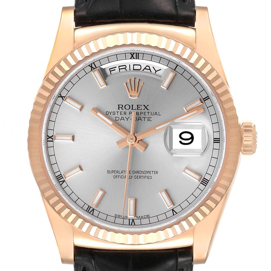 Rolex Day Date  Rose Gold Silver Dial Mens Watch 118135 Box Card SwissWatchExpo