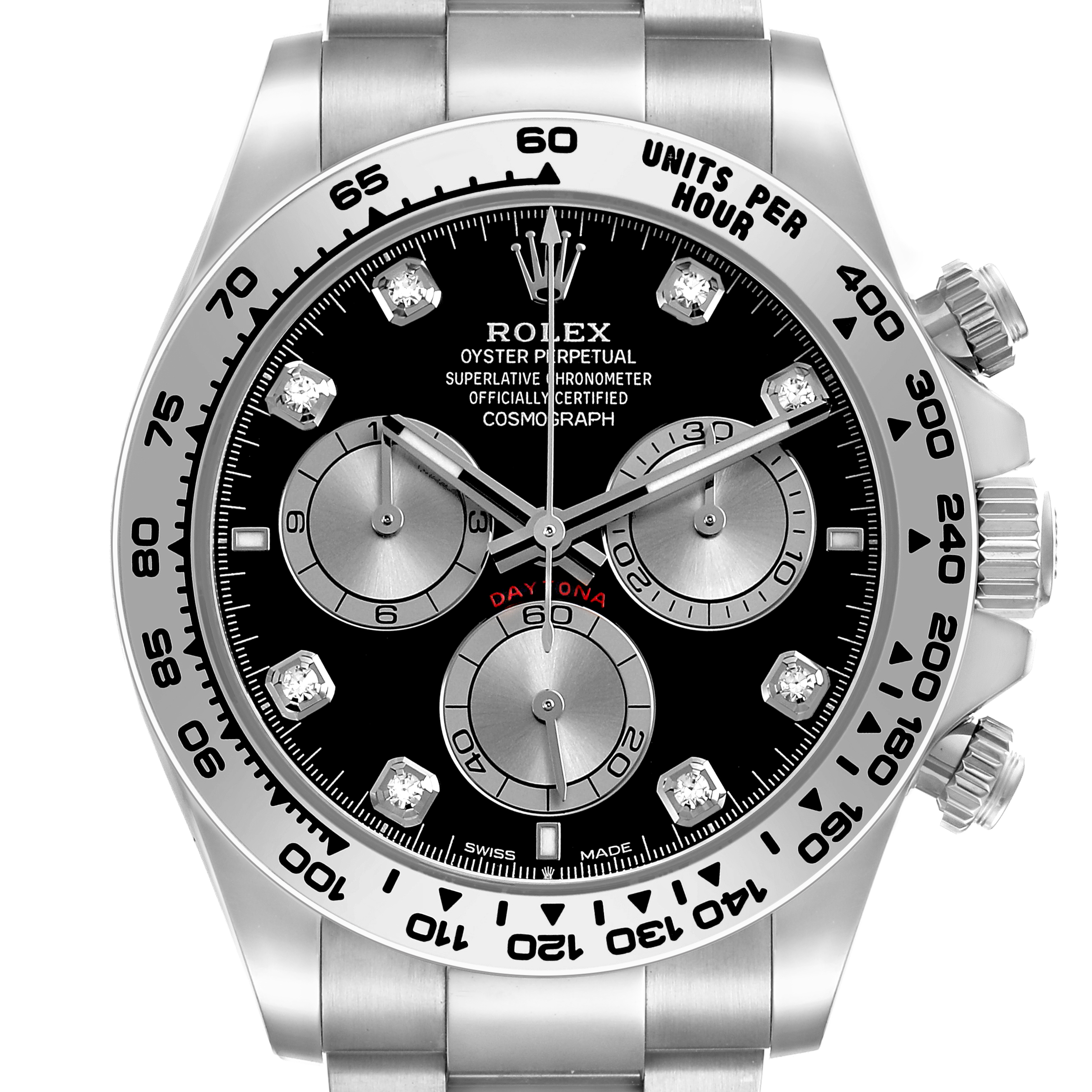 The Rolex Daytona 126509 Men's White Gold Black Dial watch is shown from the front, highlighting its dial, bezel, subdials, and crown.