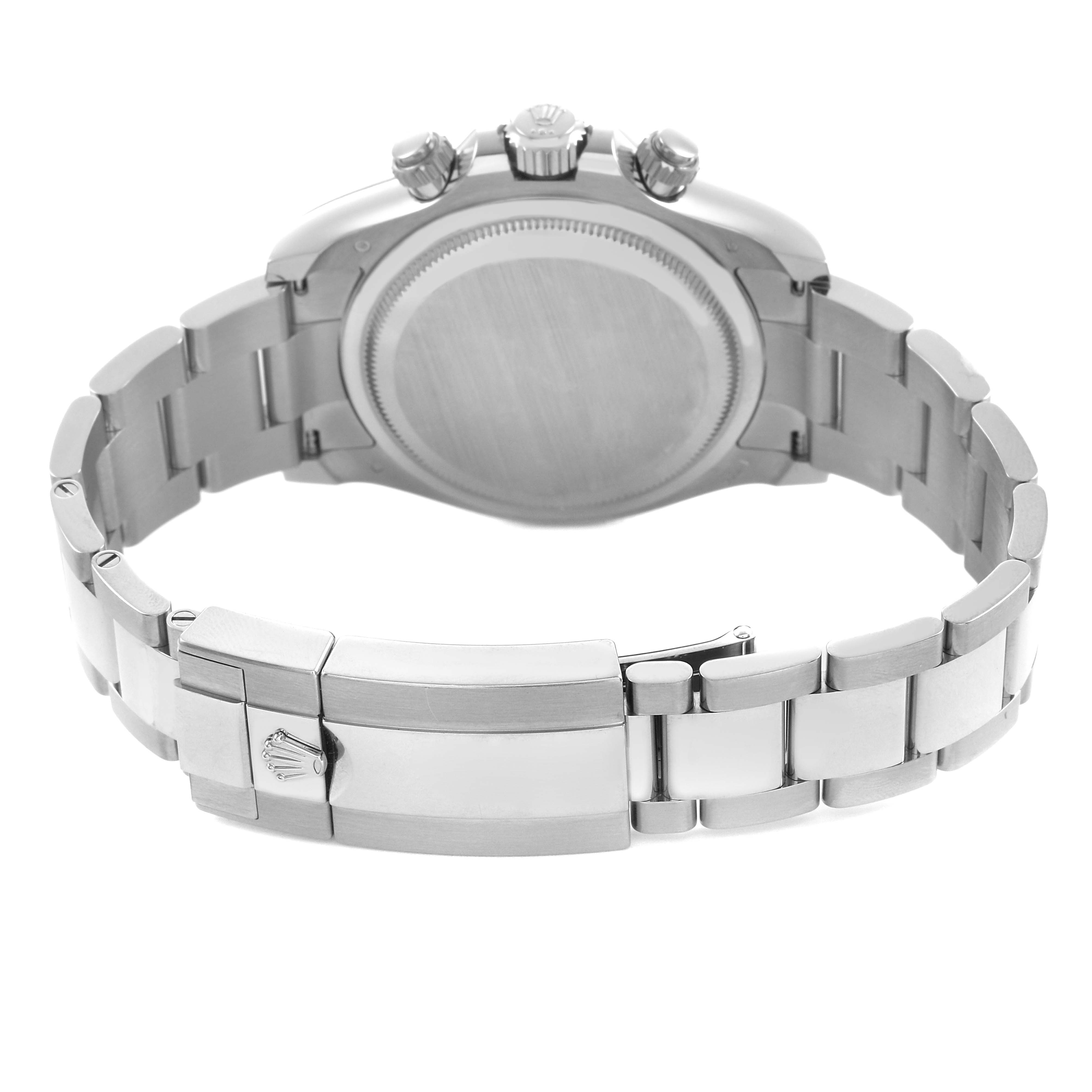 The image shows the back view of a Rolex Daytona 126509 Men's White Gold Black Dial watch, highlighting the bracelet and clasp.