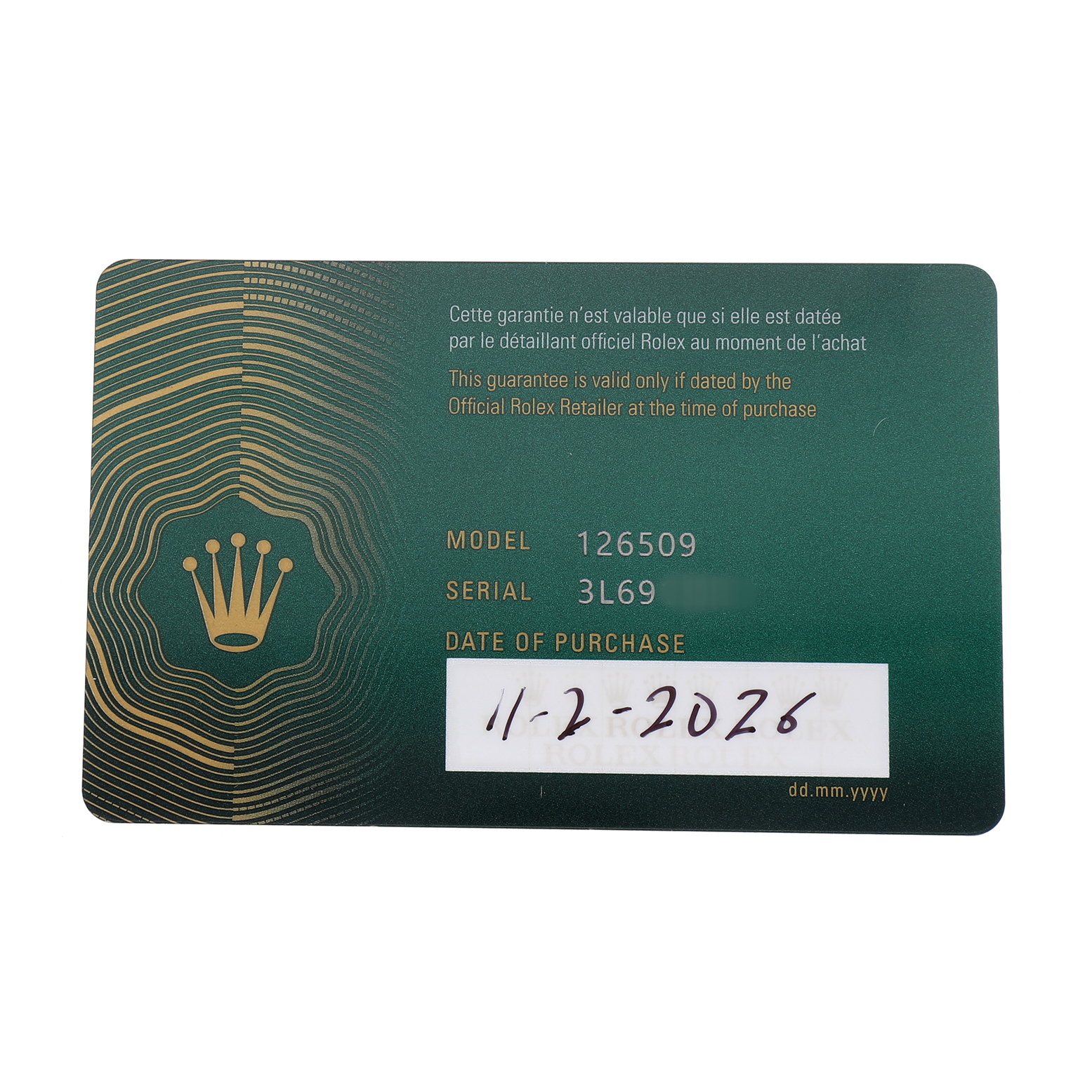 The image shows a warranty card for a Rolex Daytona 126509 Men's White Gold Black Dial model 126509, featuring its serial number and purchase date.