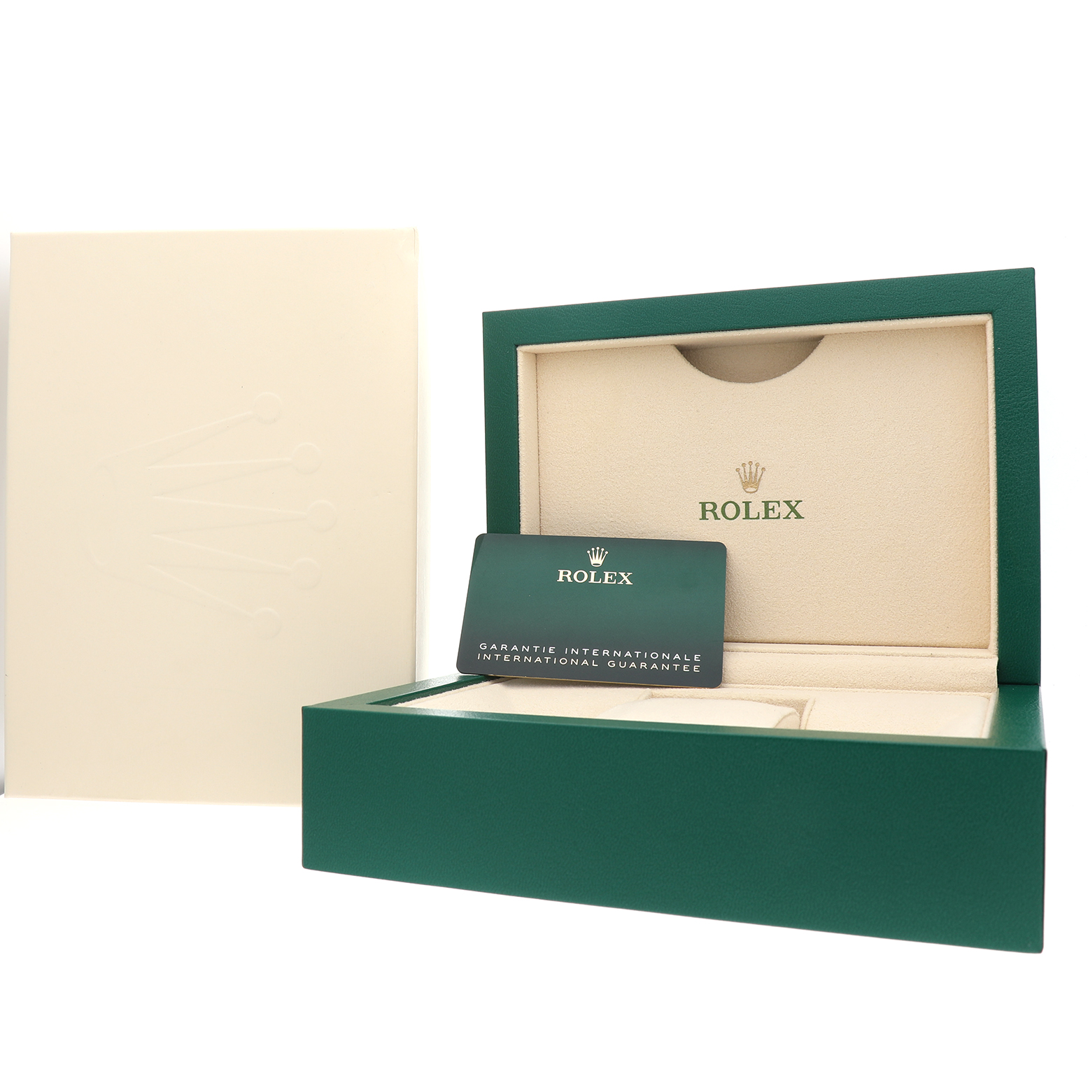 The image shows a Rolex Daytona 126509 Men's White Gold Black Dial model box and international guarantee card, viewed from the front-right angle.