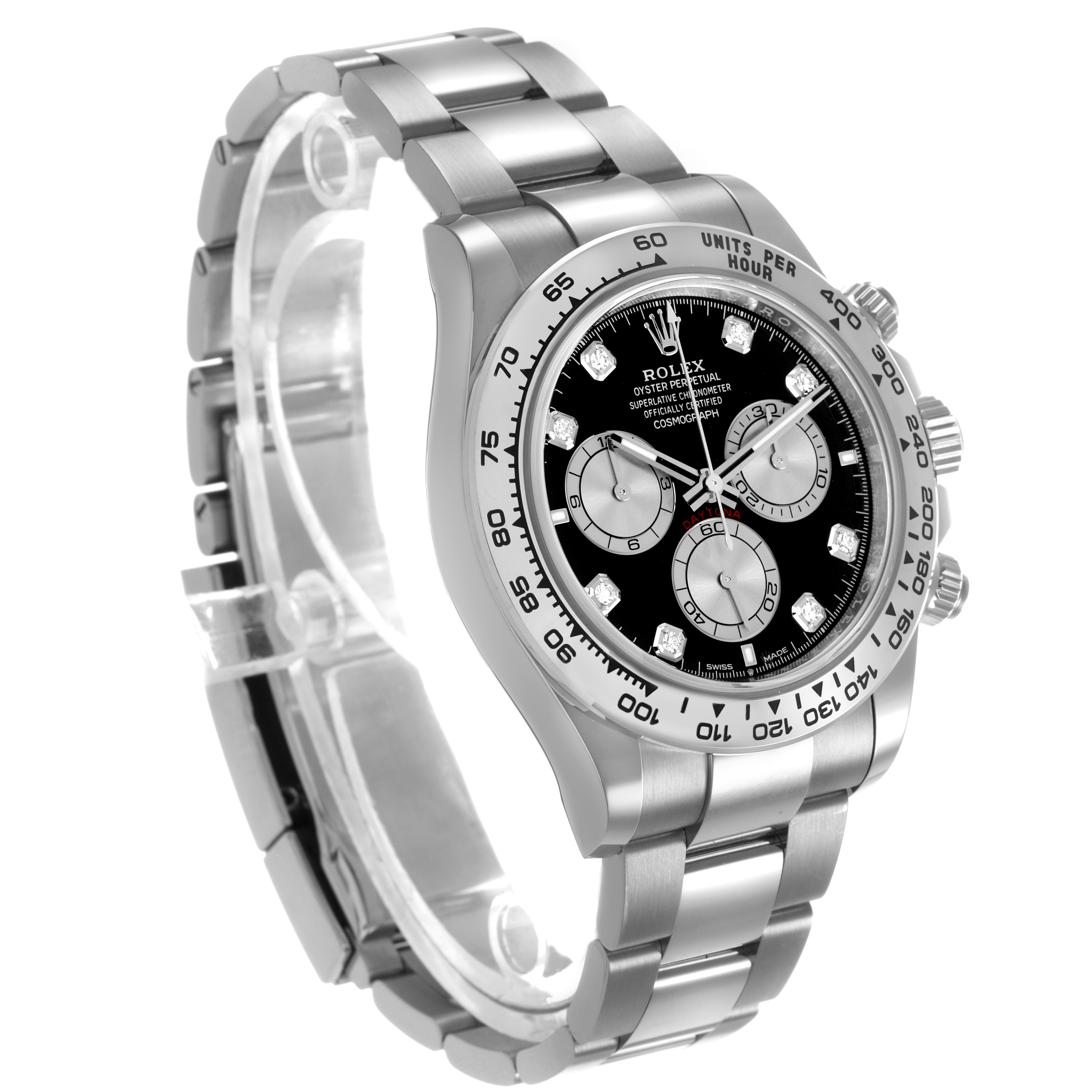 The Rolex Daytona 126509 Men's White Gold Black Dial watch is shown at a three-quarter angle, displaying the face, bezel, crown, pushers, and bracelet.