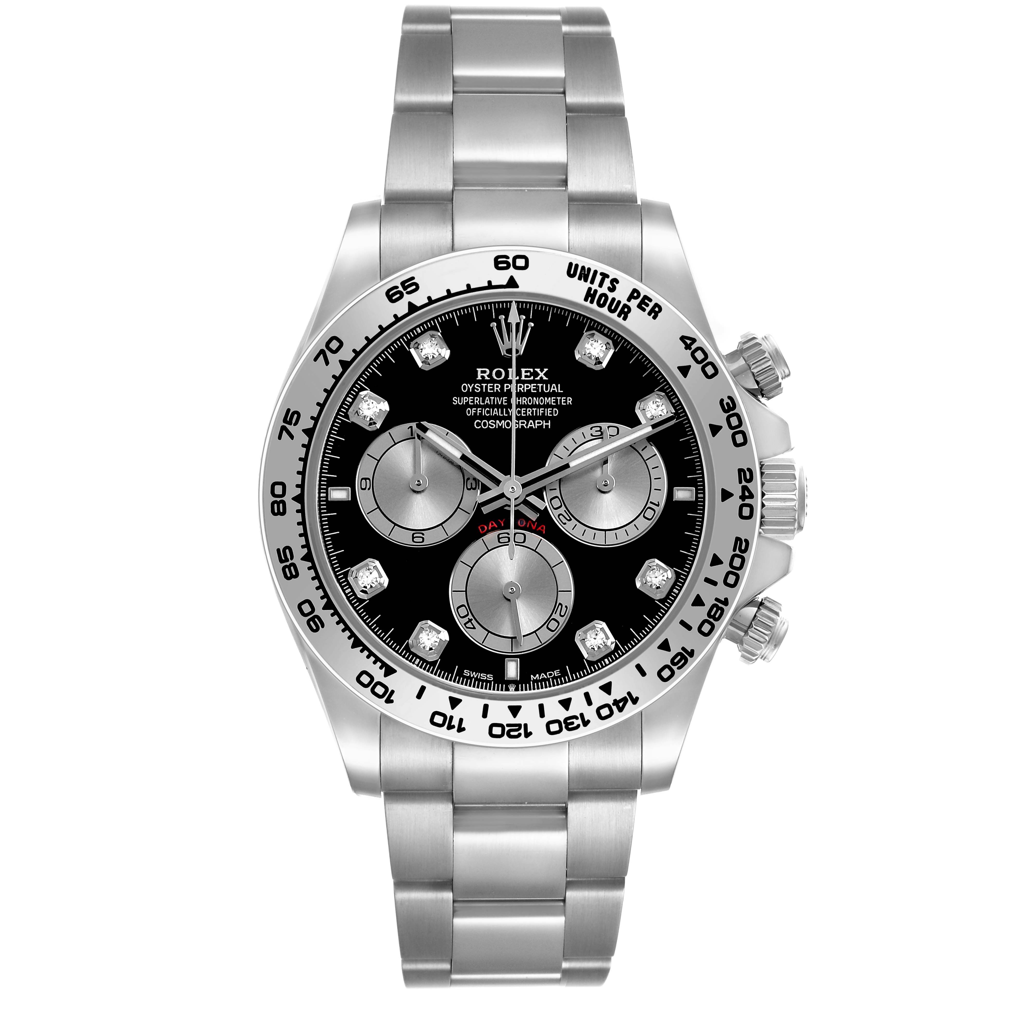The Rolex Daytona 126509 Men's White Gold Black Dial watch is shown from a front angle, highlighting the bezel, dial, subdials, and bracelet.