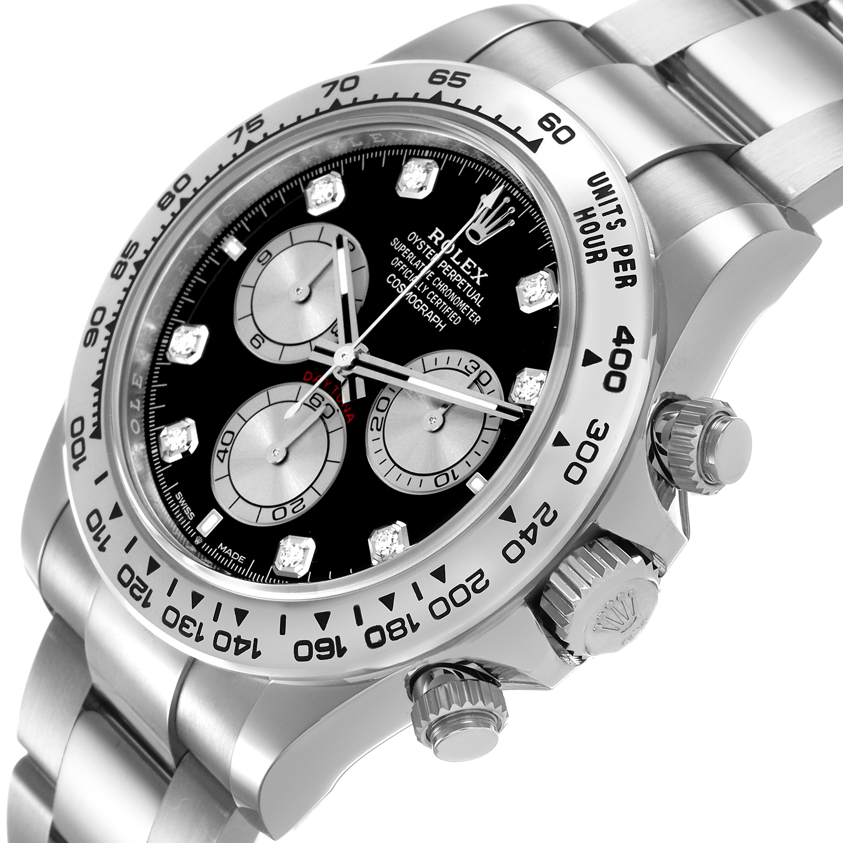 The Rolex Daytona 126509 Men's White Gold Black Dial watch is shown at an angled side view, highlighting the bezel, crown, and link bracelet.